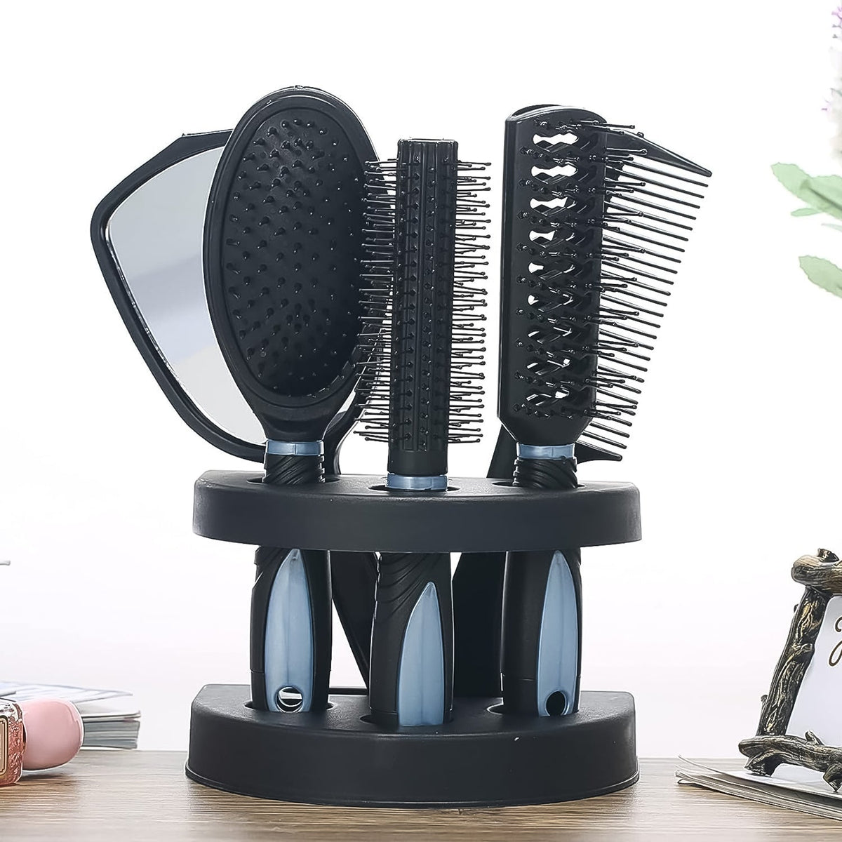 Hair Combs Mirror Set Professional Salon Hair Cutting Brushes Sets (5 Pc With Stand) - Springkart 