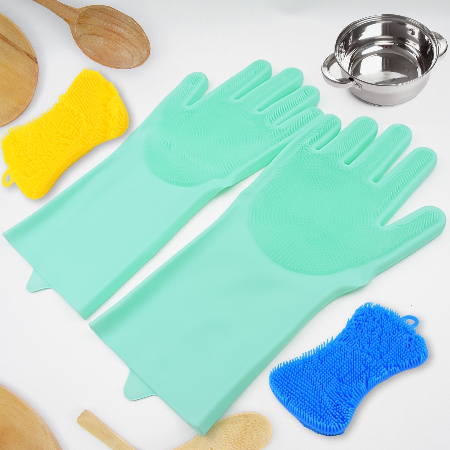 Silicone Kitchen Magic Gloves & Scrubber For Dishwashing & With Brush Cleaning Scrubber - Springkart 