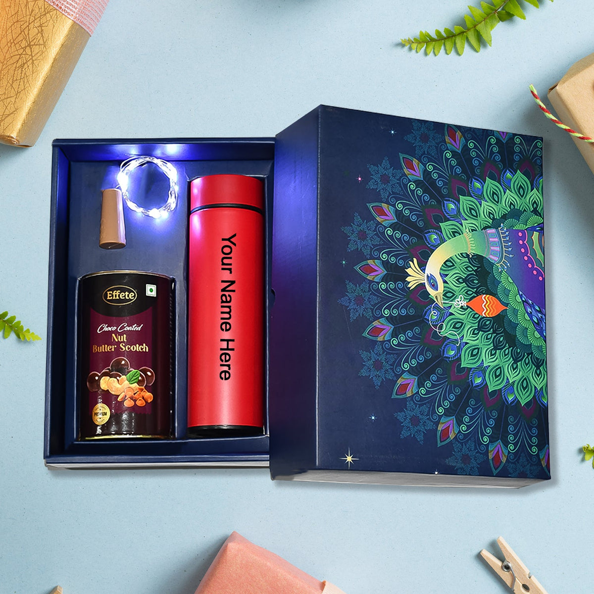 Personalized Temperature Water Bottle, Decorative Light& Chocolate (With Attractive Peacock Box / 3 Pc Set) - Springkart 