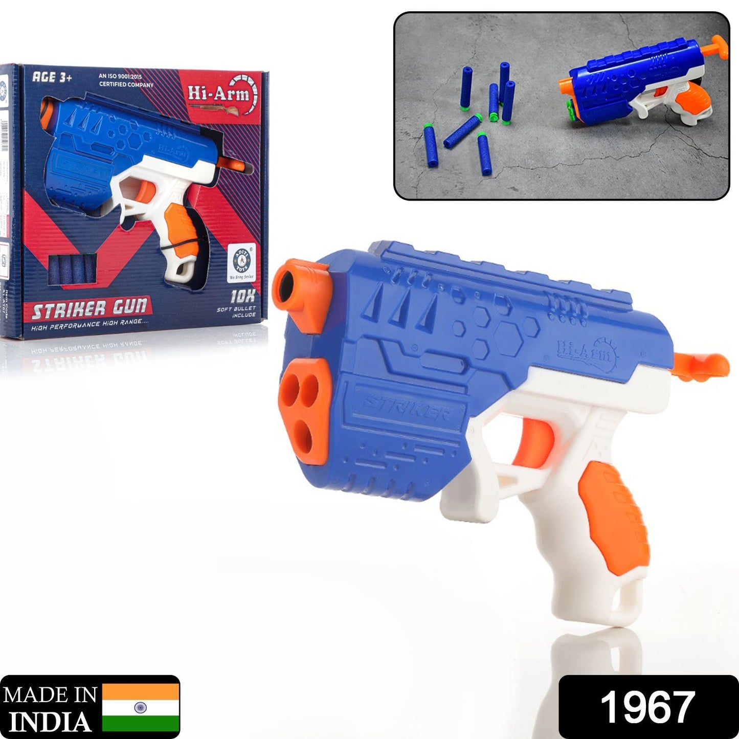 Hi-Arm Gun with 10xFoam Suction Bullet ,Made with ABS Plastic ,Solid Build ,Target Shooting - Springkart 