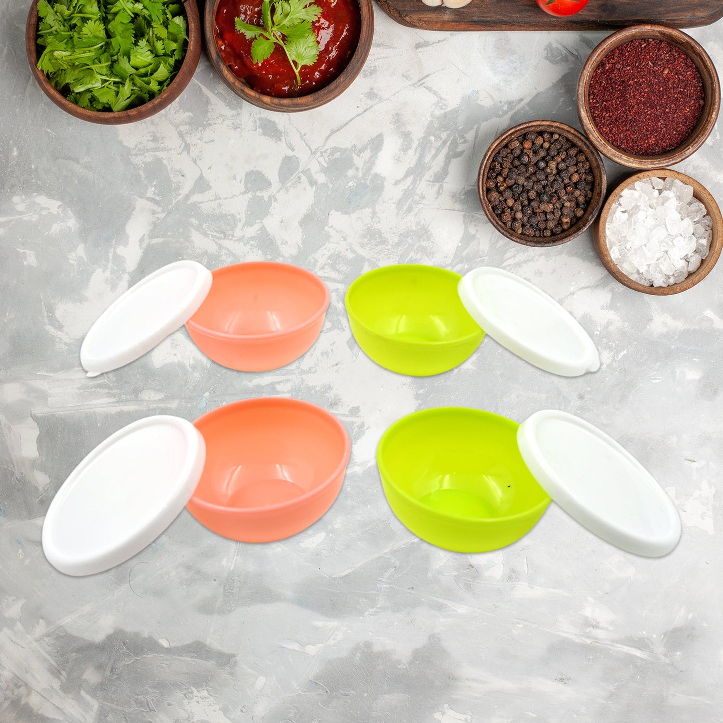 Multipurpose Small Round Plastic Bowl / Katori With Lid, Microwave Safe Reusable Lightweight Bowl, Dishwasher Safe Chutney Bowl (4 Pcs Set) - Springkart 