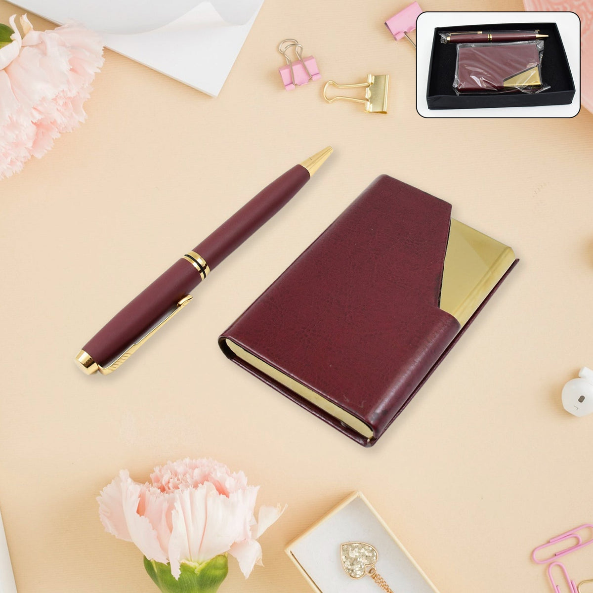 Leather Professional Business Visiting Card Case With Luxury Ballpoint Blue Pens (2 Pc Set / With Gift Box) - Springkart 
