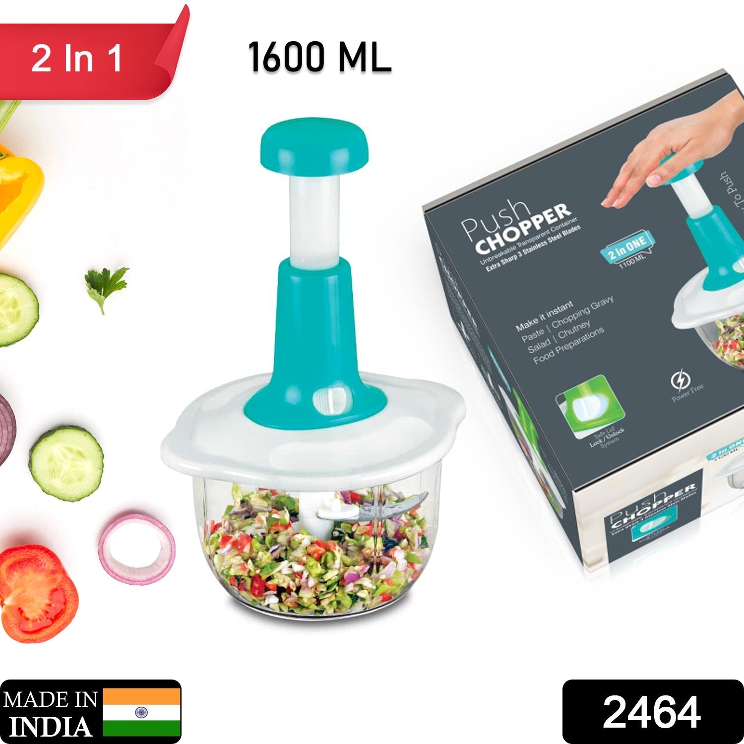 Hand Press Fruits and Vegetable 2 in 1 Push Chopper for Kitchen, 3 Sharp Stainless Steel Blades (1600Ml) - Springkart 