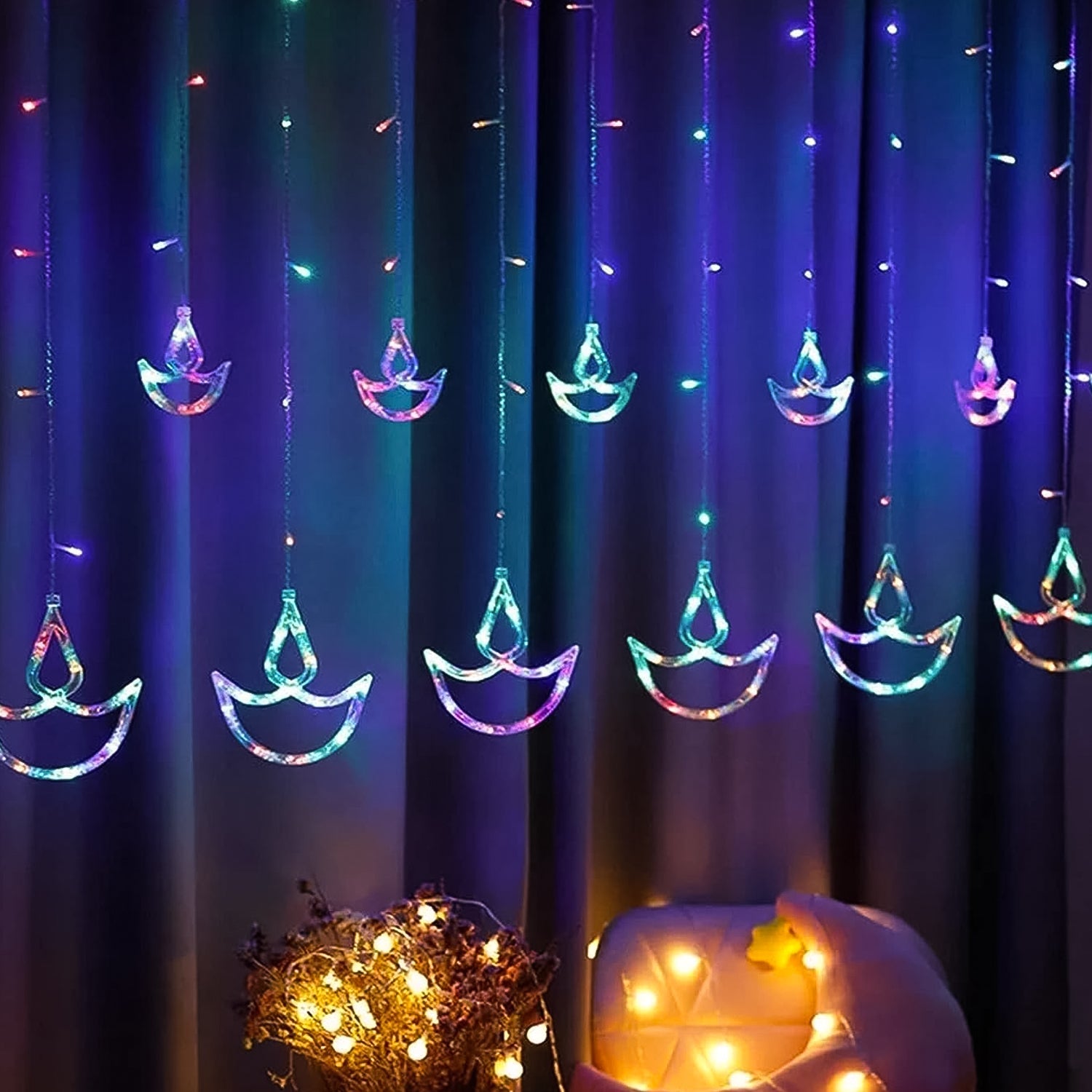 Multicolor 12 Diya Curtain String Lights, Window Curtain Lights with 8 Flashing Modes Decoration Light (Multi Color) - Springkart 