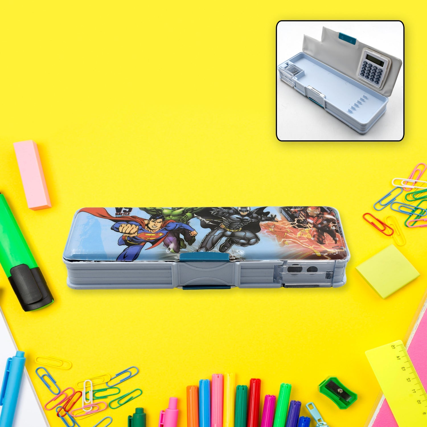 Double Sided Magnetic Geometry Box, Pencil Box with Calculator and Sharpener for Boys Art Plastic Pencil Box for Girls and Boys - Springkart 