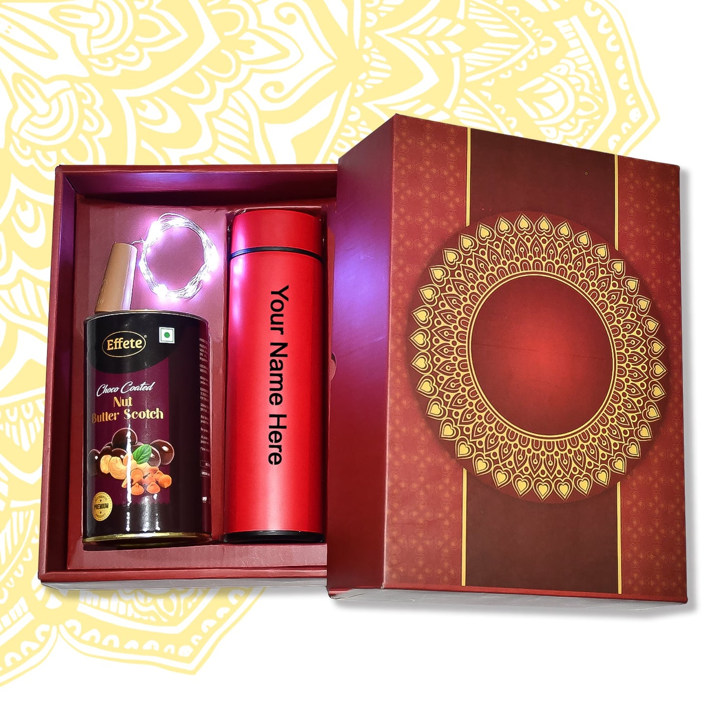 Personalized Temperature Water Bottle, Decorative Light& Chocolate (With Attractive Multi color Box / 3 Pc Set) - Springkart 