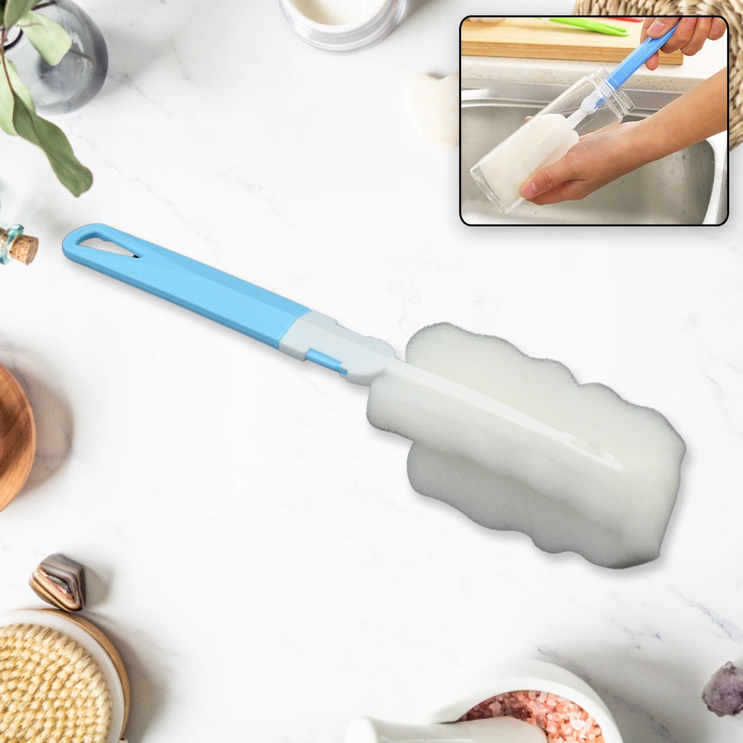 Sponge Cleaning Brush Kitchen Tool Bottle Soft Brush for Dishes| Cleaning Brush Cleaner with Plastic Long Handle, Soft Dish Washing Foam Cleaning Brushes For Cups Mugs Kettles Wine Glasses and Baby Bottles (1 Pc) - Springkart 