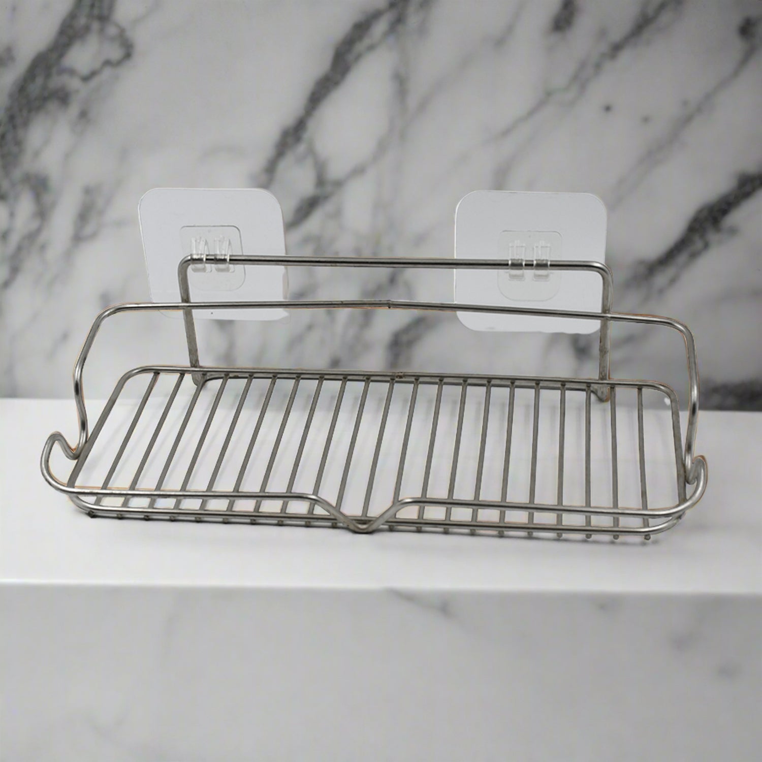Stainless Steel Kitchen Bathroom Shower Shelf Storage Suction Basket Rack With 2 Hook (1 Pc) - Springkart 
