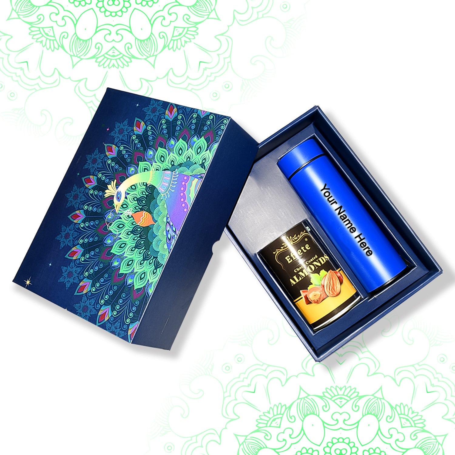 Personalized Temperature Water Bottle & Choco Almond Chocolate (With Attractive Peacock Box / 2 Pc Set) - Springkart 