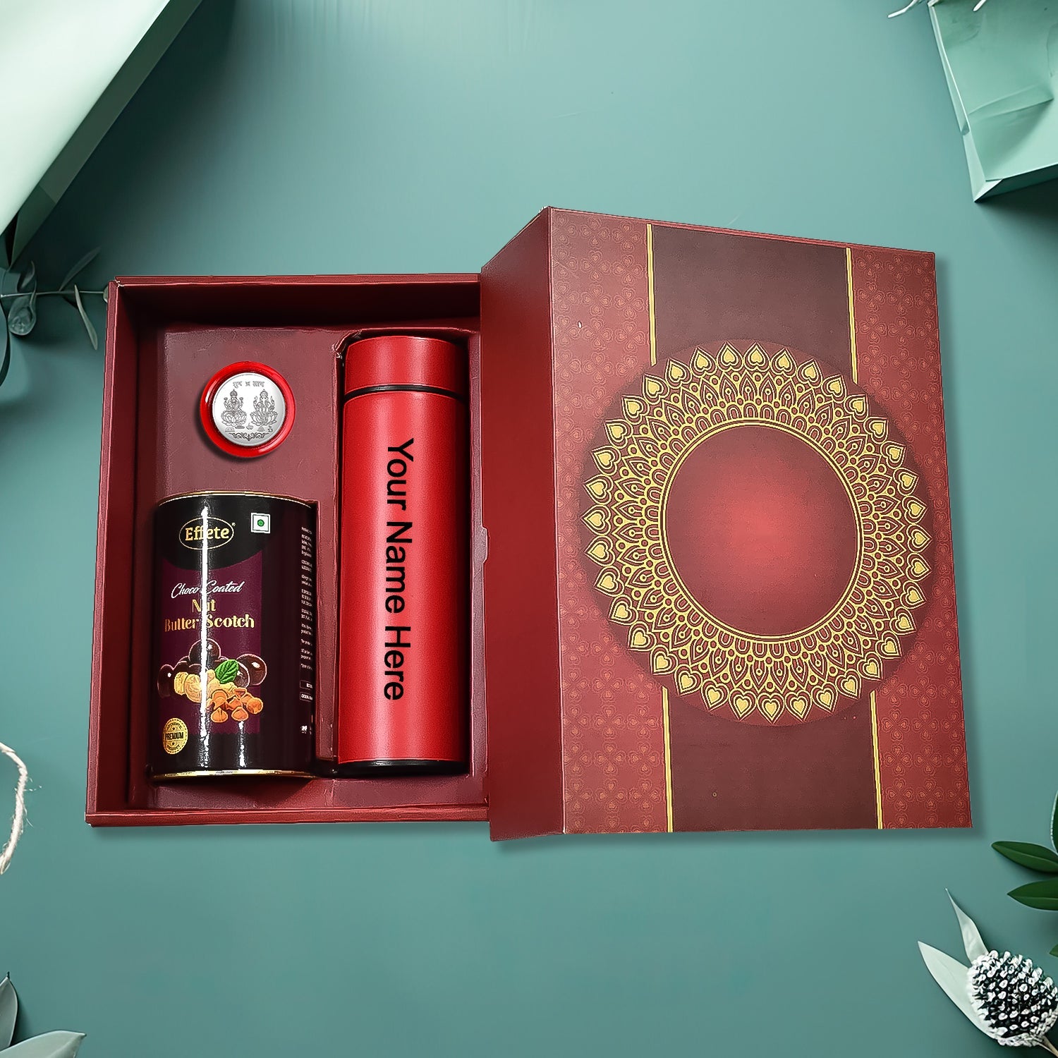 Personalized Temperature Water Bottle, Silver color Coin & Chocolate (With Attractive Multi Color Box / 3 Pc Set) - Springkart 