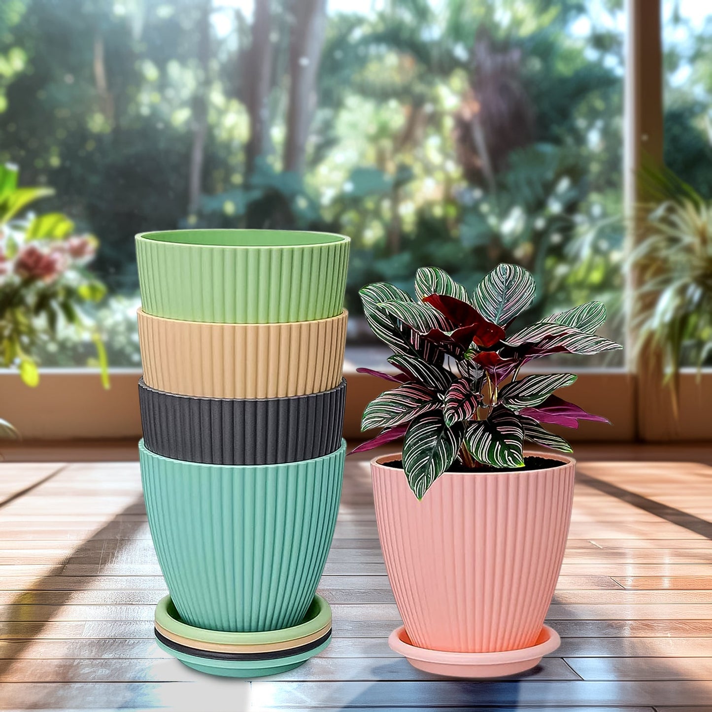 Round Flower Pot with Bottom Tray (5 Pcs Set / Small / 14×16 Cm) - Springkart 