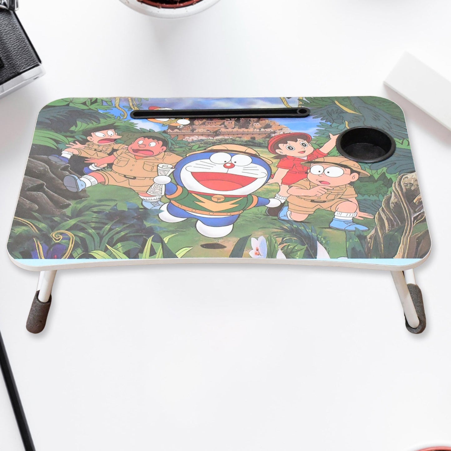 Multi-Purpose Laptop Desk for Study and Reading with Foldable, Cupholder & Drawer (1 Pc / Mix Catoon Design / 58×38 Cm) - Springkart 