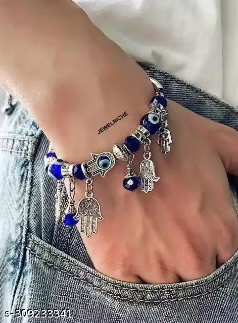 Woofh Trendy Blue Beads Hamsa Hand Evil Eyes Bracelet for Girls/Women Lucky Charm Bracelet