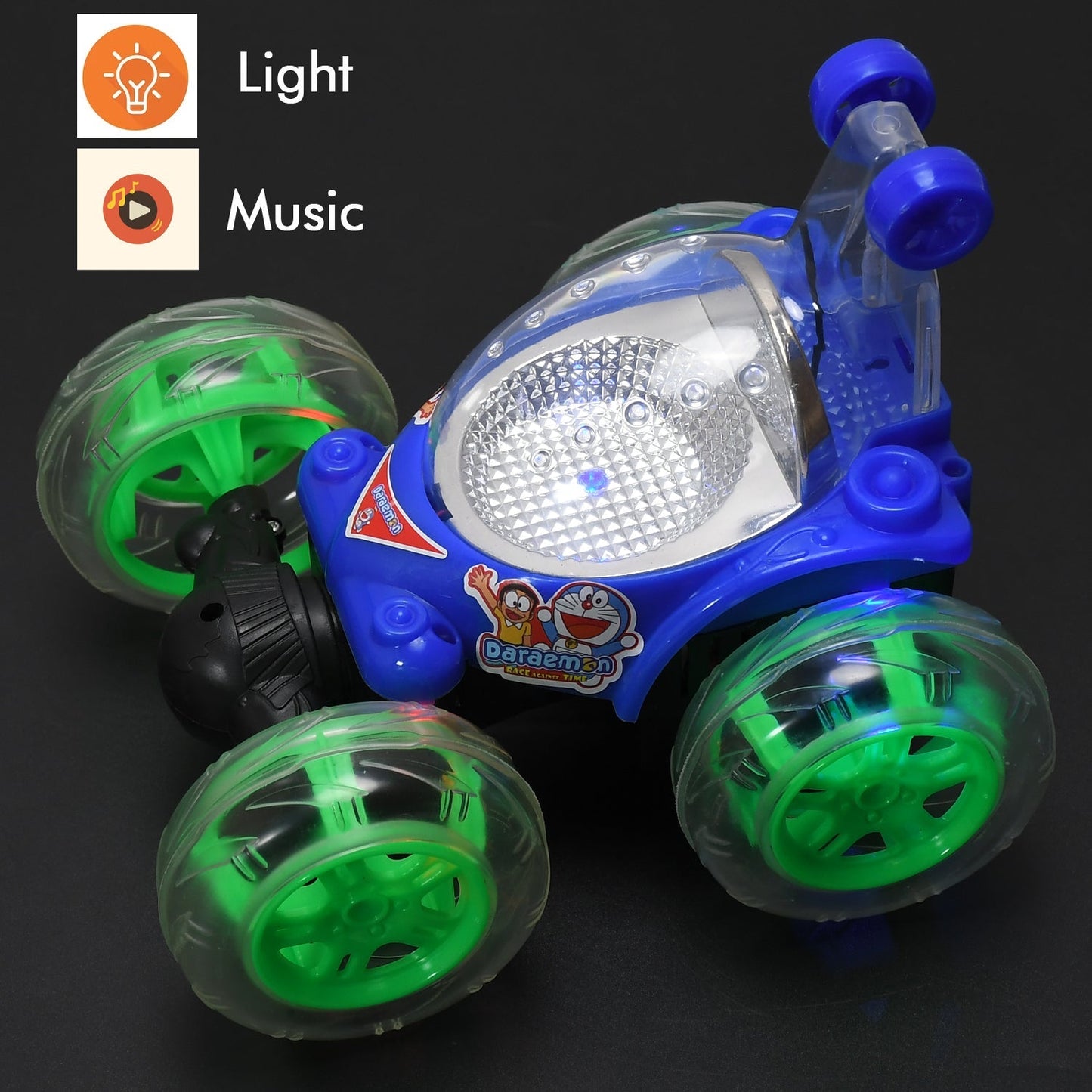 Rechargeable 360 degree stunt rolling remote control car with colourful 3d lights and music for kids - Springkart 