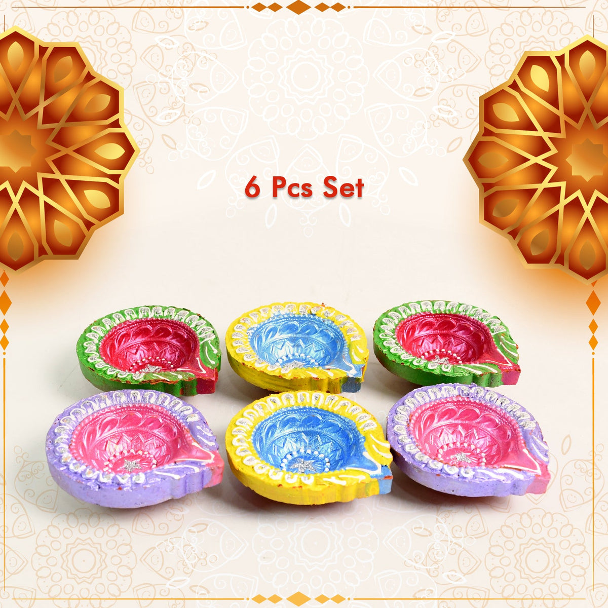 Decorative Hand Painted Clay Puja Diya for Diwali Home Indoor Outdoor Handmade Diya (6 Pcs Set/ Mix Design) - Springkart 