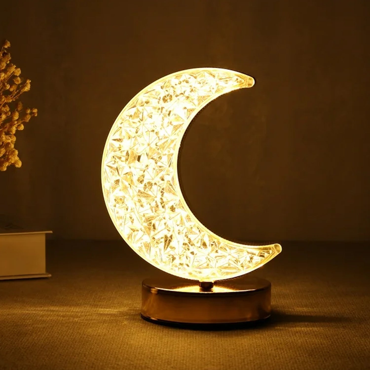 Crystal Table Lamp | Moon Shape Touch Control Lamp with 3 Color | Metal Bedside Lamp for Kids Bedroom Romantic Desktop Nightstand | Stepless Dimming USB Charging Touch Night Light - Springkart 