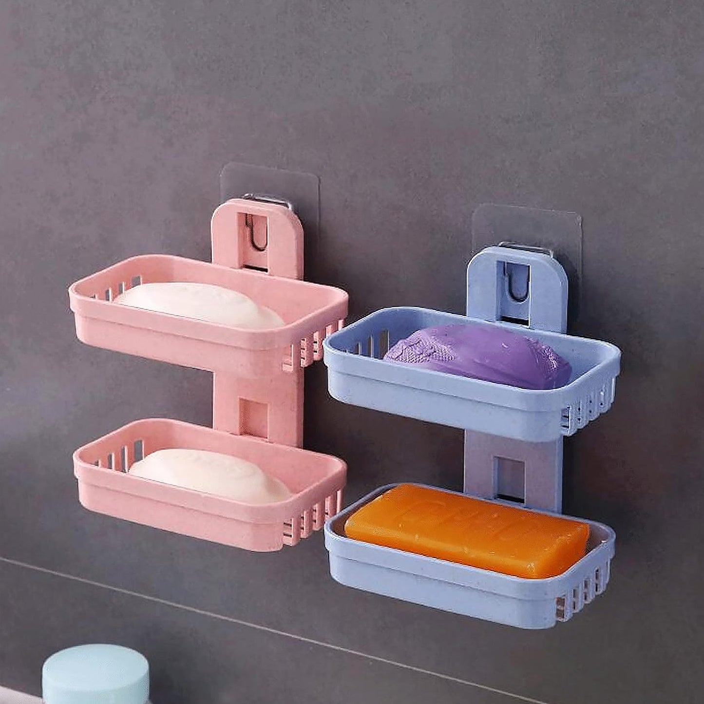 Adhesive Sticker Soap 2 Layer Dish Holder Wall Mounted Bathroom Shower Soap Holder Saver Box Storage Organizer Rack, ABS Plastic (Double Layers / 2 pcs set) - Springkart 