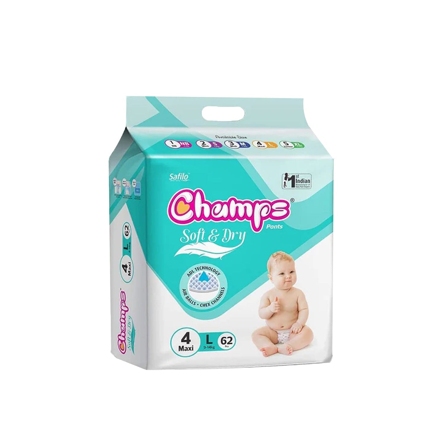 Champs Soft and Dry Baby Diaper Pants 62 Pcs (Large Size L62) - Springkart 