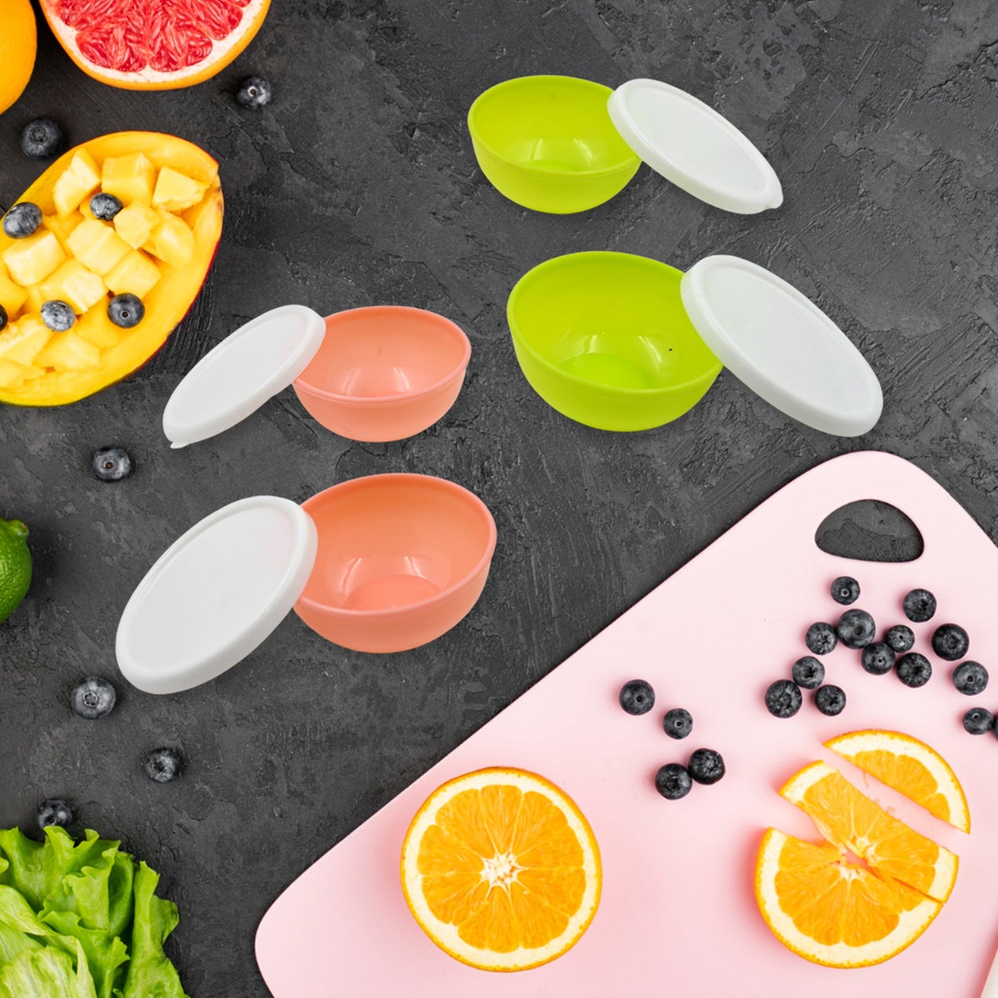 Multipurpose Small Round Plastic Bowl / Katori With Lid, Microwave Safe Reusable Lightweight Bowl, Dishwasher Safe Chutney Bowl (4 Pcs Set) - Springkart 