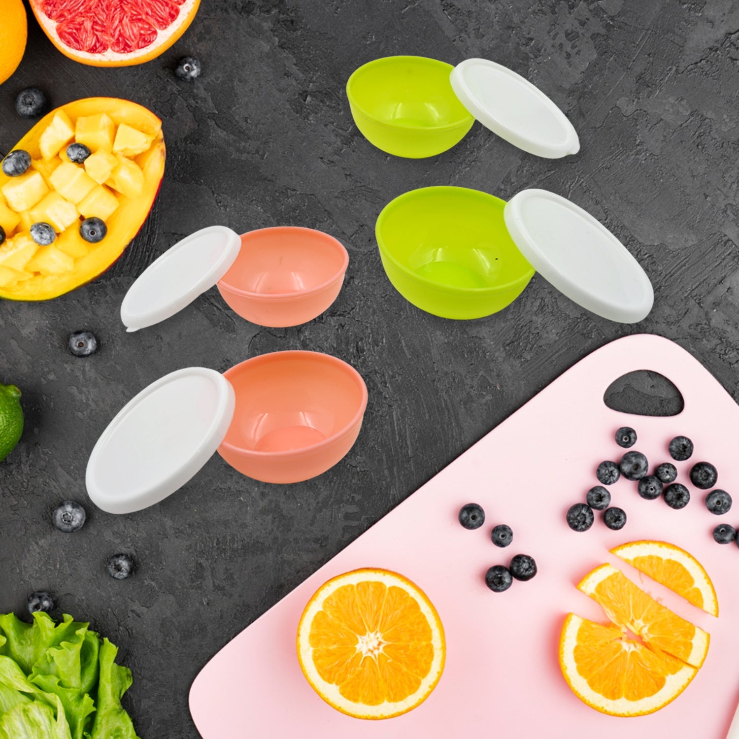 Multipurpose Small Round Plastic Bowl / Katori With Lid, Microwave Safe Reusable Lightweight Bowl, Dishwasher Safe Chutney Bowl (4 Pcs Set) - Springkart 