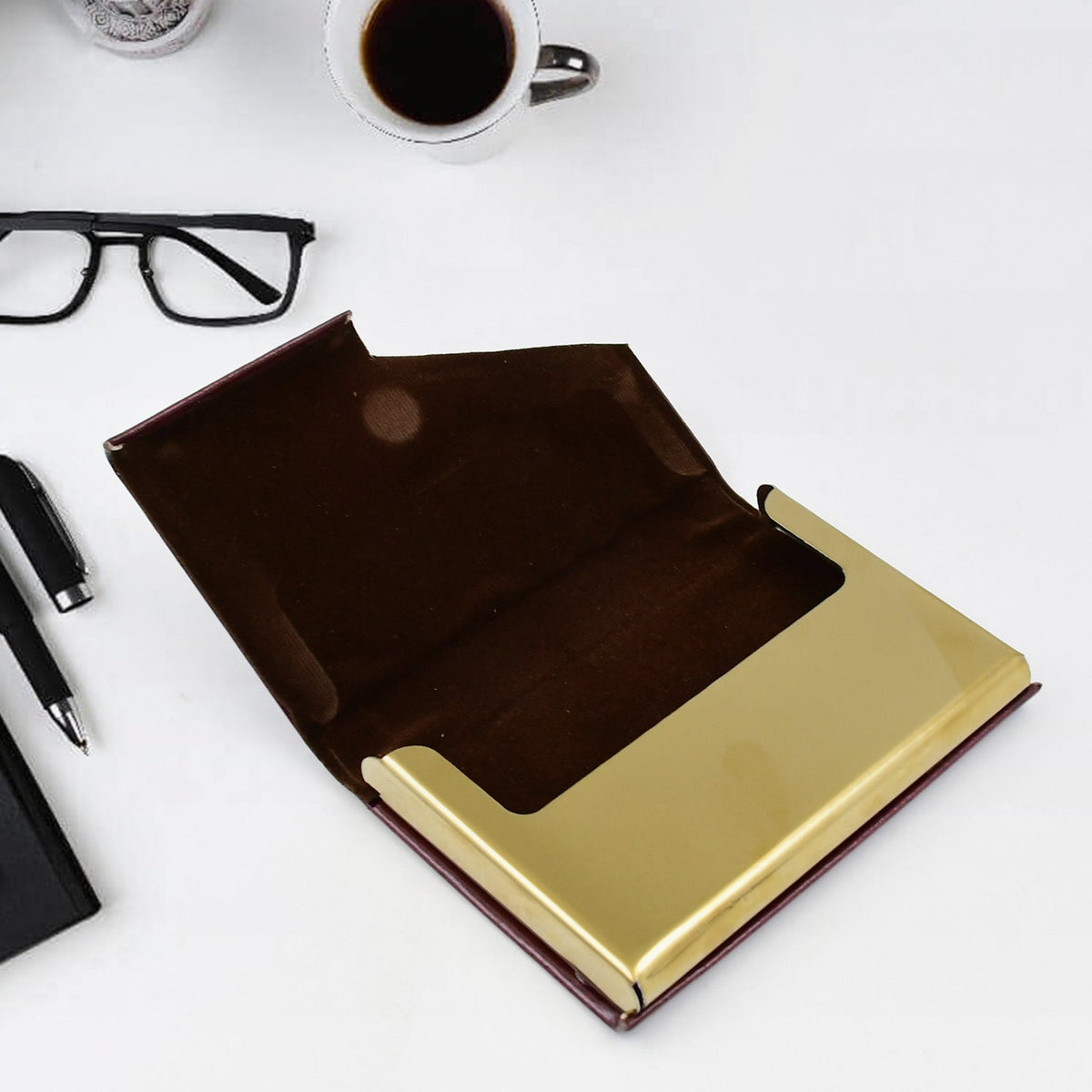 Leather Professional Business Visiting Card Case With Luxury Ballpoint Blue Pens (2 Pc Set / With Gift Box) - Springkart 