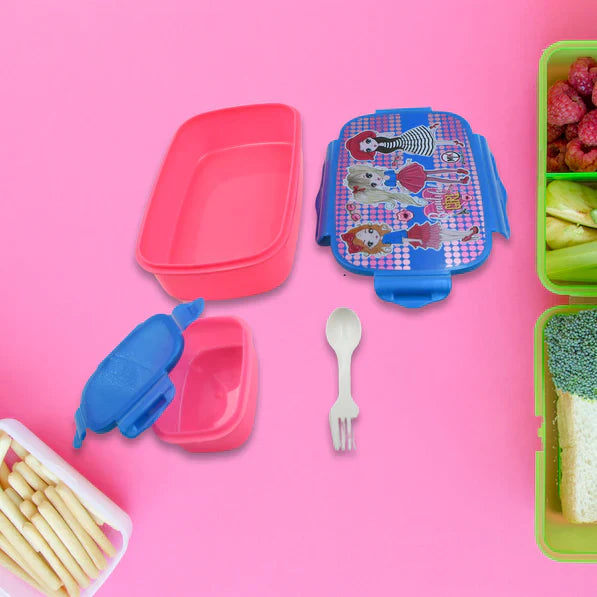CARTOON PRINTED PLASTIC LUNCH BOX WITH INSIDE SMALL BOX & SPOON FOR KIDS, AIR TIGHT LUNCH TIFFIN BOX FOR GIRLS BOYS, FOOD CONTAINER, SPECIALLY DESIGNED FOR SCHOOL GOING BOYS AND GIRLS - Springkart 