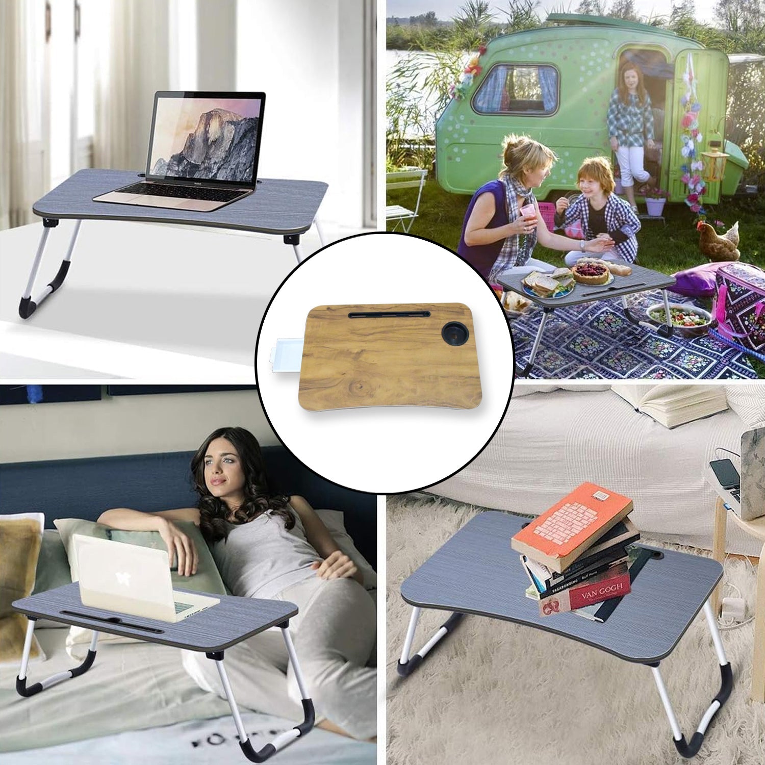 Multi-Purpose Laptop Desk for Study and Reading with Foldable, Cupholder & Drawer (1 Pc / Mix Plain Design / 58×38 Cm) - Springkart 