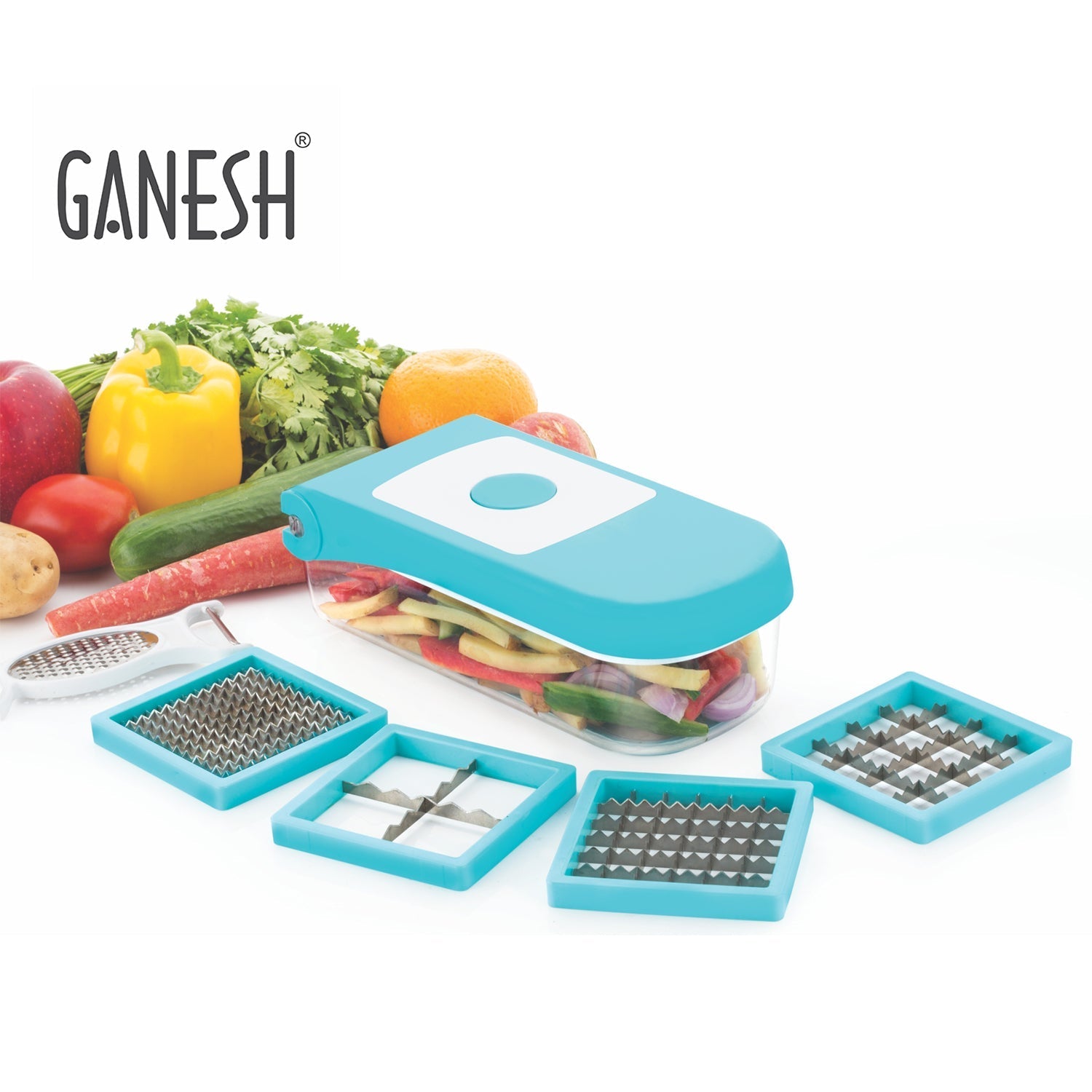 Ganesh 7 in 1 Plastic Vegetable Dicer, Blue - Springkart 