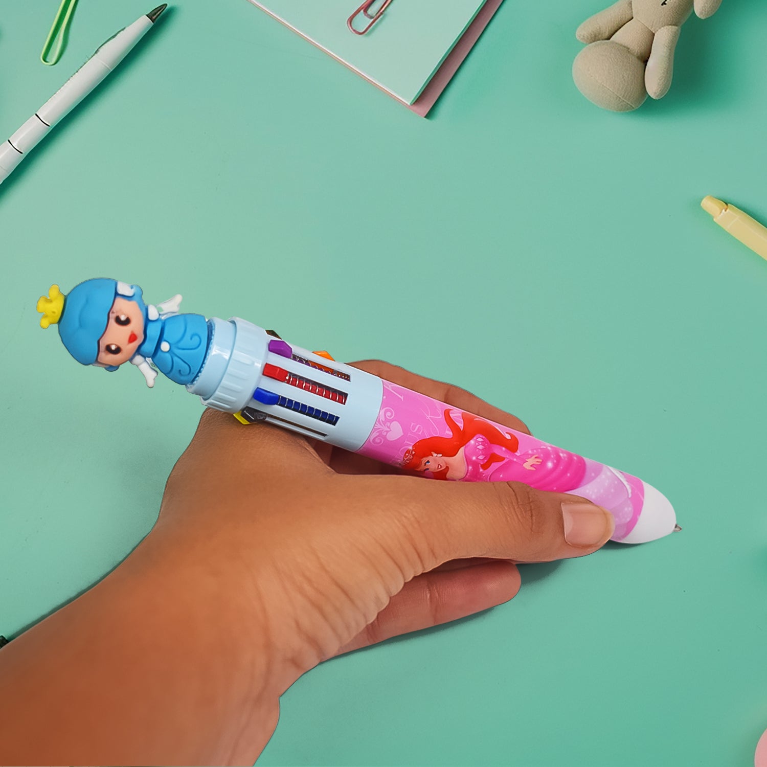 Kids 10-in-1 Color Pens Ballpoint Pen Set for Kids Cartoon Head Writing Pen for School Office Stationary Kit, Teddy Bear (1 Pc) - Springkart 