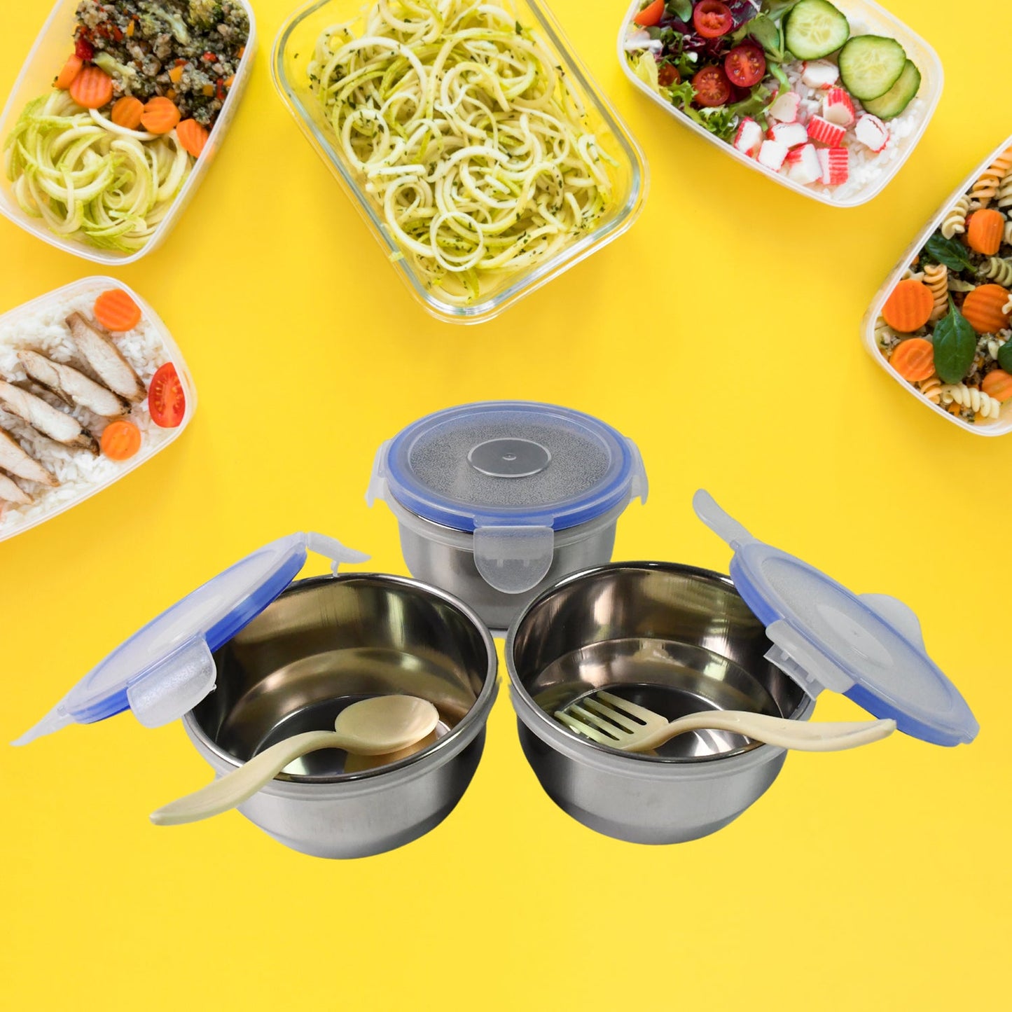Compact Stainless Steel Airtight Lunch Box Set - 4 pcs (3 Leakproof Containers and 1 Bottle) - Springkart 