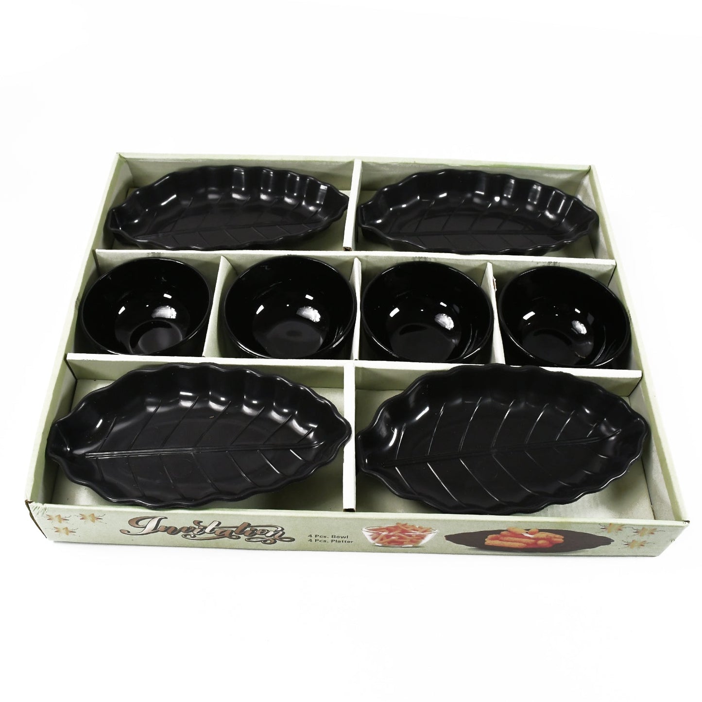 Invitation Round Ceramic Snacks Bowl With Plastic Leaf shape Serving platter Portable, Lightweight Breakfast, Serving Bowl | Ideal for Rice, Pasta, Desserts Home & Kitchen Serving Bowl & platter (8 Pcs set) - Springkart 