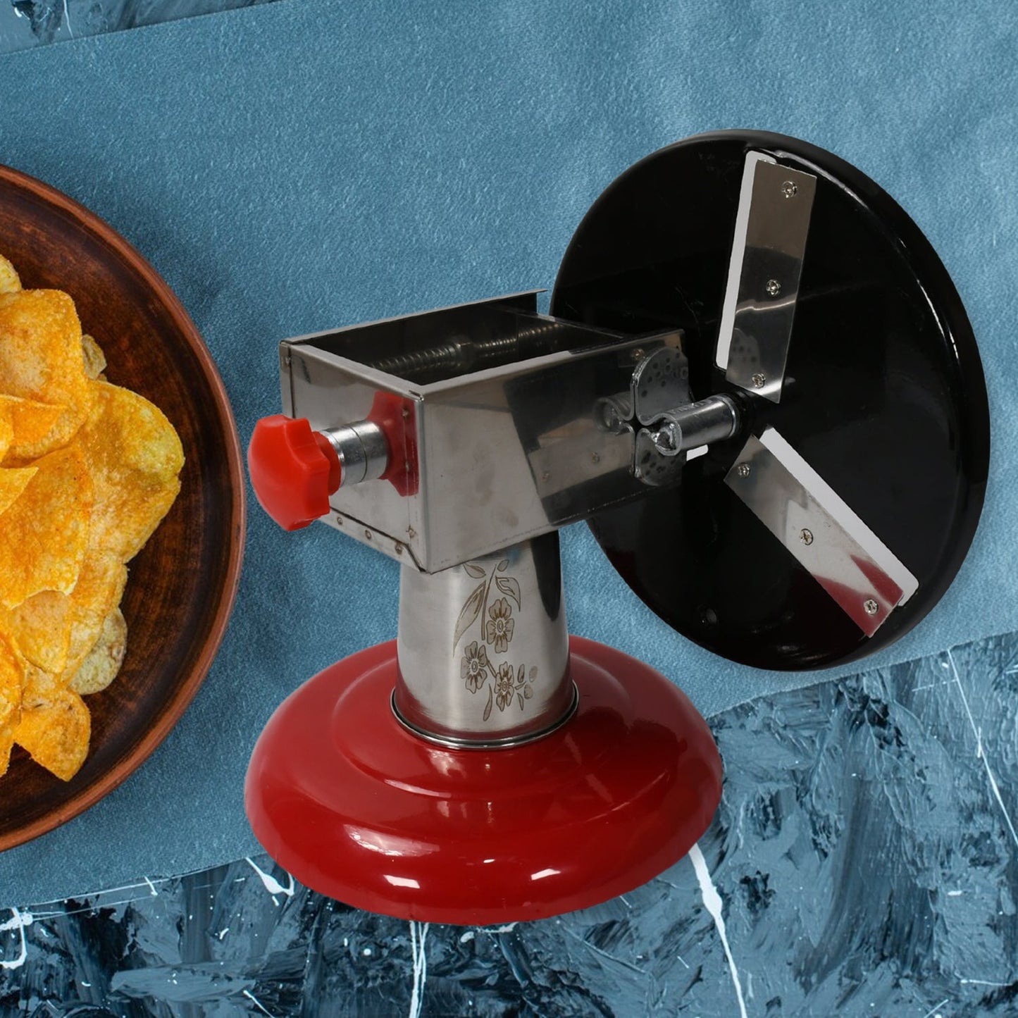 Stainless Steel Chips Maker and Vegetable Slicer for Kitchen Potato Slicer Graters and Chippers. Chips Maker is Suitable for Vegetable Cuttings. Chips Maker Consist Hard Coated Iron Wheel and Stand. - Springkart 