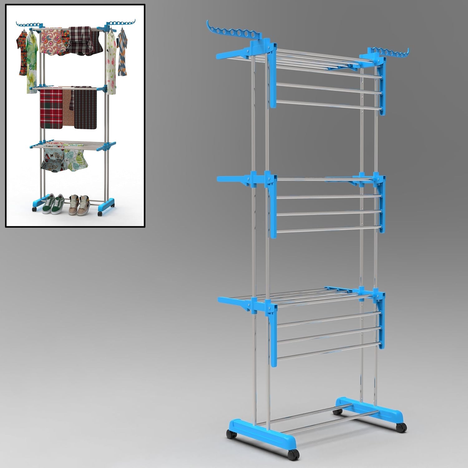 Premium Heavy Duty Stainless Steel 3 Layer Foldable Cloth Drying Stand (1 Set / With Brown Box) - Springkart 