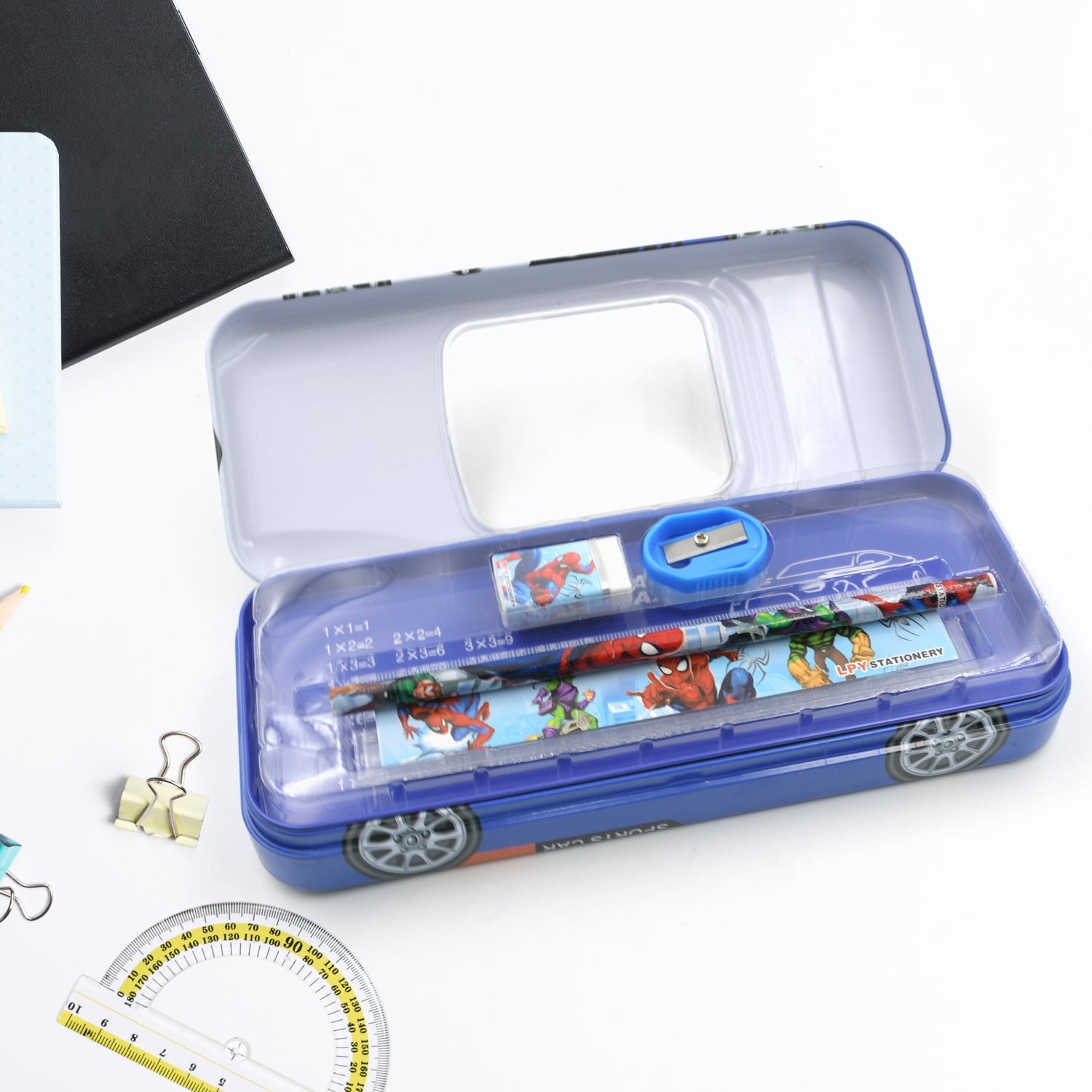 Car Shape Metal Compass Box, Pencil Case With Sharpner, Eraser, Pencil & Scale for Kids Stationery Compass Box, Stationery Gift for School Kids Compass, Pencil Box, Birthday Return Gift for Kids (5Pc Set) - Springkart 