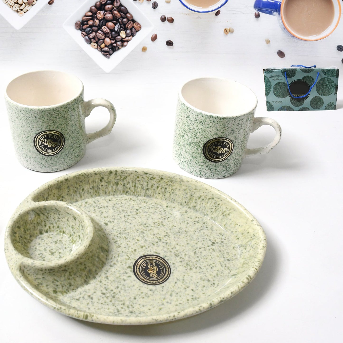 Alpino Ceramic Tea / Cups Set With Plastic Serving 2 Compartment Platter, Milk Cup / Mug, Coffee Cup, Tea Cup BPA Free Food Grade, or Outdoor for Household Gift For Birthday (3 Pcs Set) - Springkart 