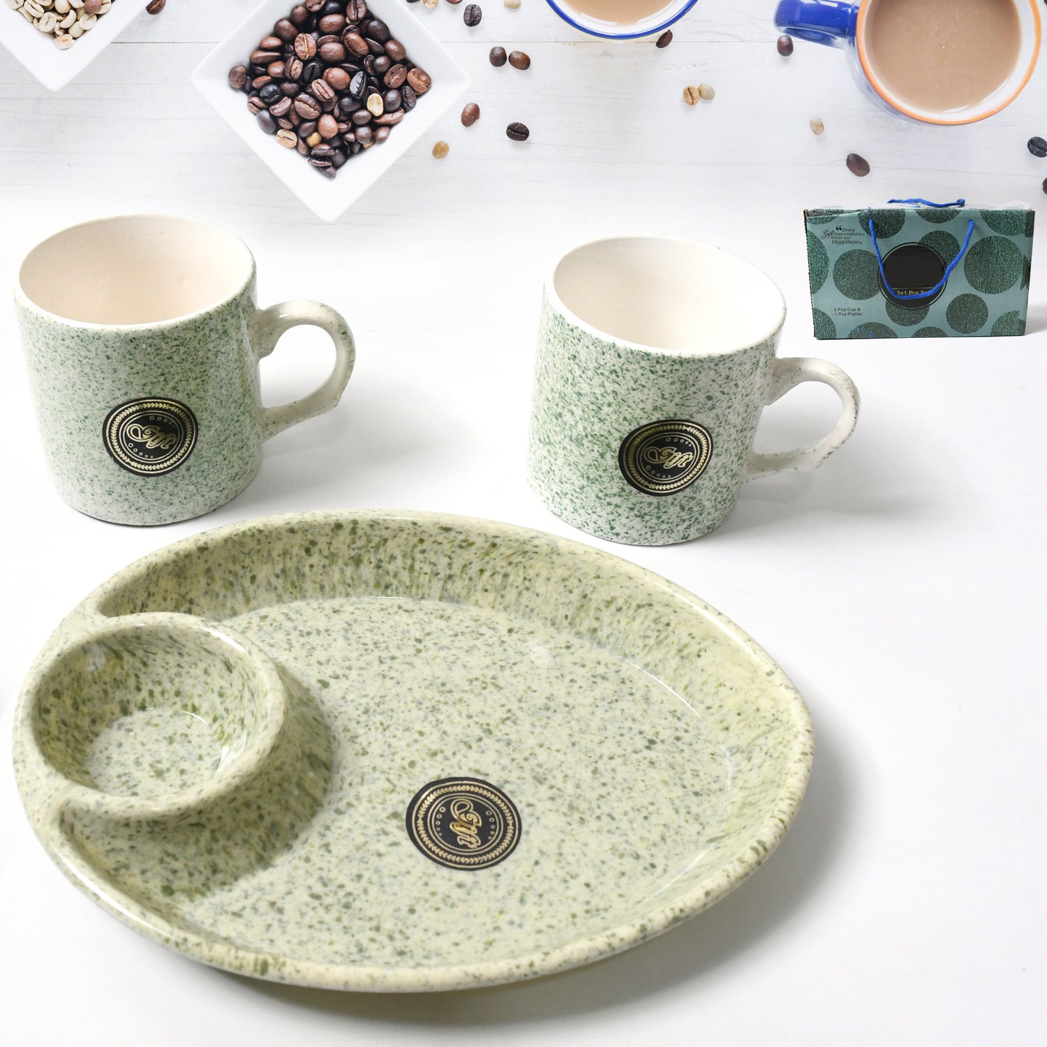 Alpino Ceramic Tea / Cups Set With Plastic Serving 2 Compartment Platter, Milk Cup / Mug, Coffee Cup, Tea Cup BPA Free Food Grade, or Outdoor for Household Gift For Birthday (3 Pcs Set) - Springkart 