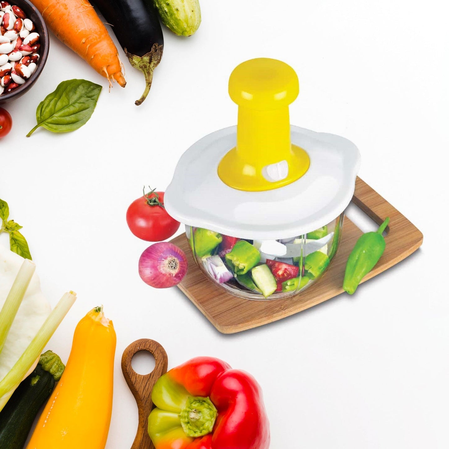 Hand Press Fruits and Vegetable 2 in 1 Push Chopper for Kitchen, 3 Sharp Stainless Steel Blades (1600Ml) - Springkart 