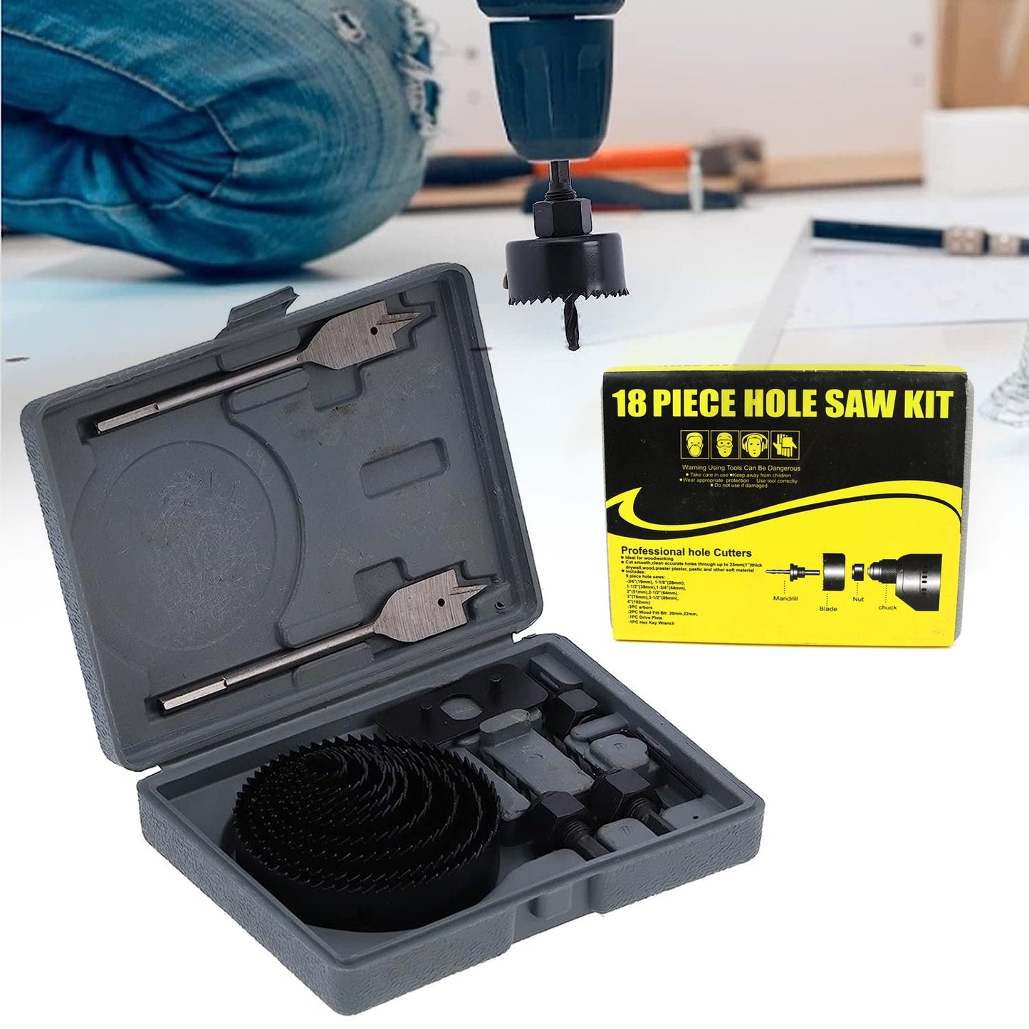 Drill Hole Cutter, Carbon Steel High Accuracy Incisive Hole Saw for Cutting PCV for Cutting Plastic for Cutting Wood Hole Saw Kit (18 Pcs Set) - Springkart 