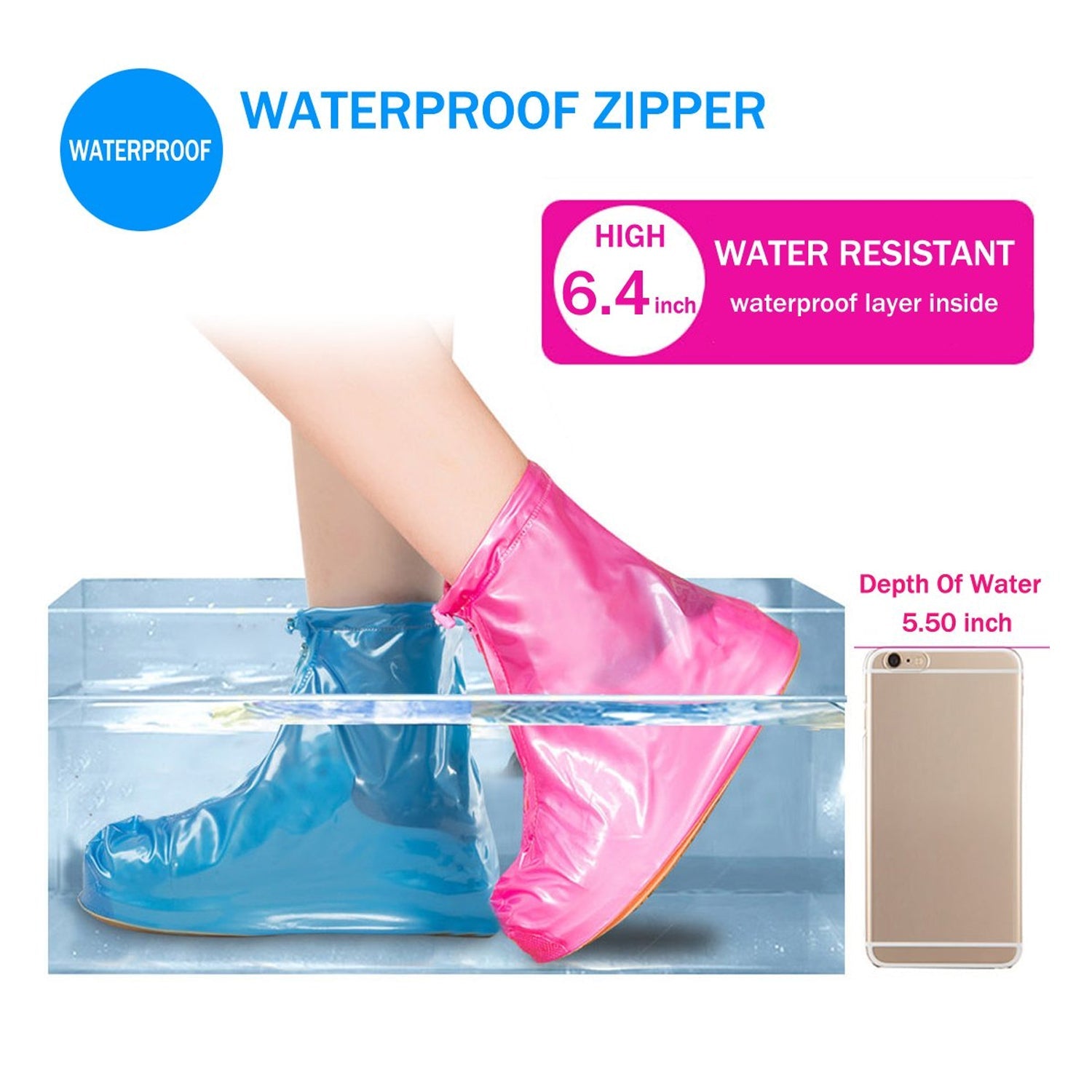 Transparent anti-slip overshoes with zipper for rain protection