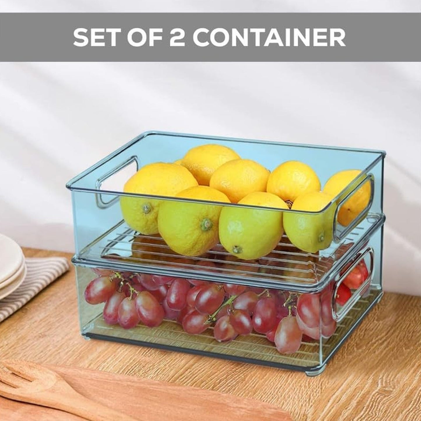 Plastic Refrigerator Organizer Bins, Set Of 2 Stackable Fridge Organizers with Handle, Clear Organizing Food Fruit Vegetables Pantry Storage Bins for Freezer kitchen Cabinet Organization and Storage (2 Pcs Set Mix Color) - Springkart 