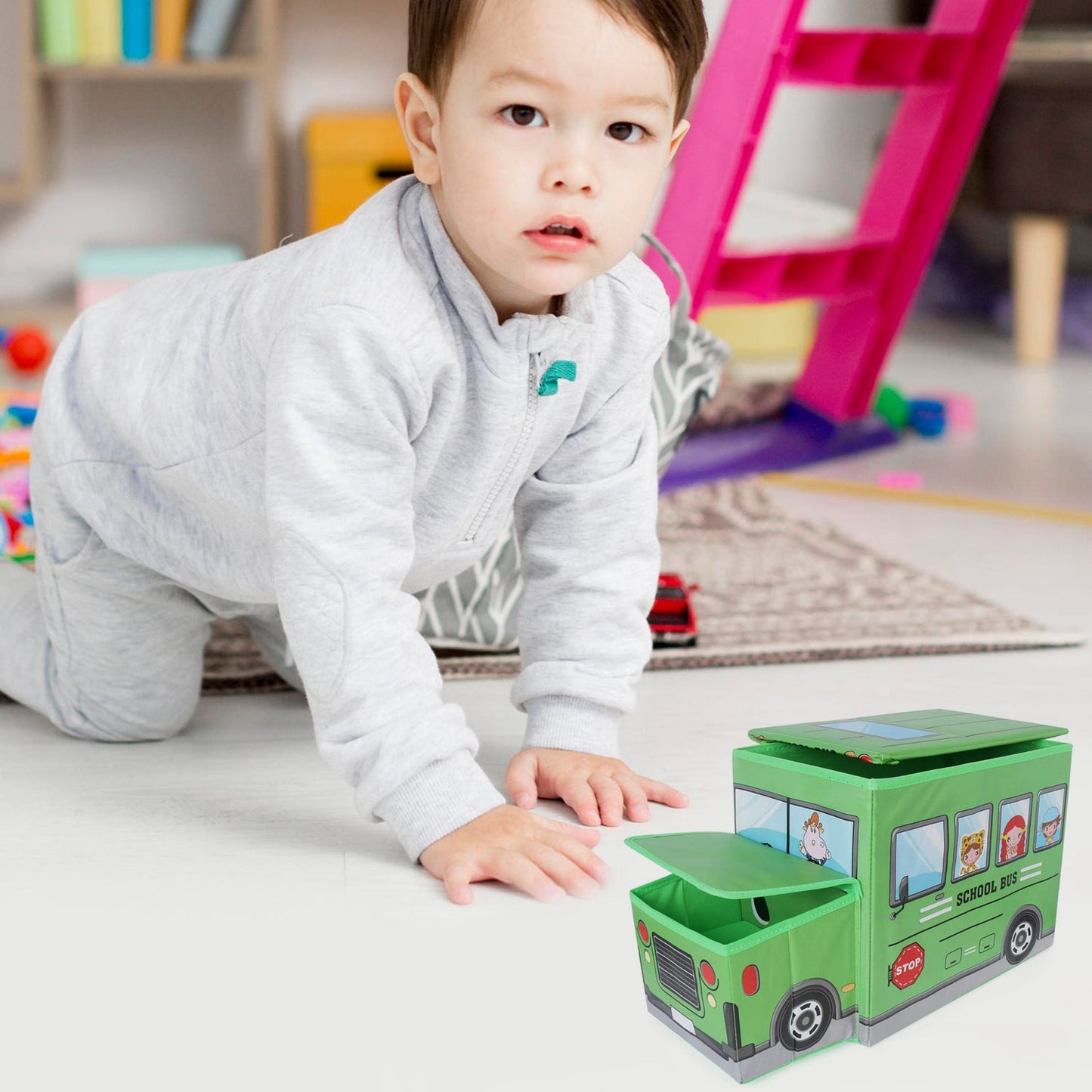 Foldable Bus Shape Toy Box Storage with Lid for Storage of Toys Basket Useful as Toy Organizer mountable Racks Surface Multipurpose Basket for Kids Wardrobe Cabinet Wood with Cloth Cover For Home Decor Books, Game, Baby Cloth (Mix Color & Design ) - Springkart 