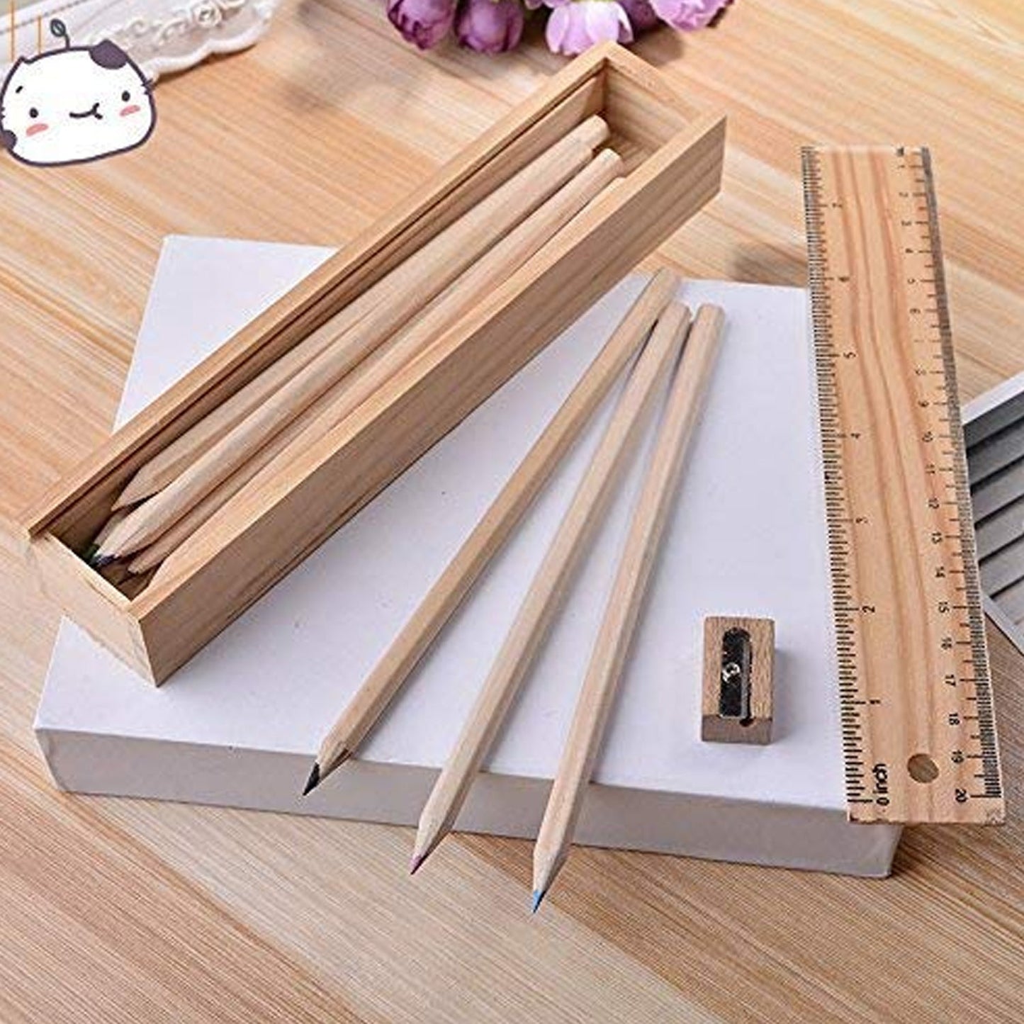 Colorful Wooden Pencil Set with Pencil box, Ruler, Sharpener For for Kids, Artist, Architect (12 Pcs Set) - Springkart 