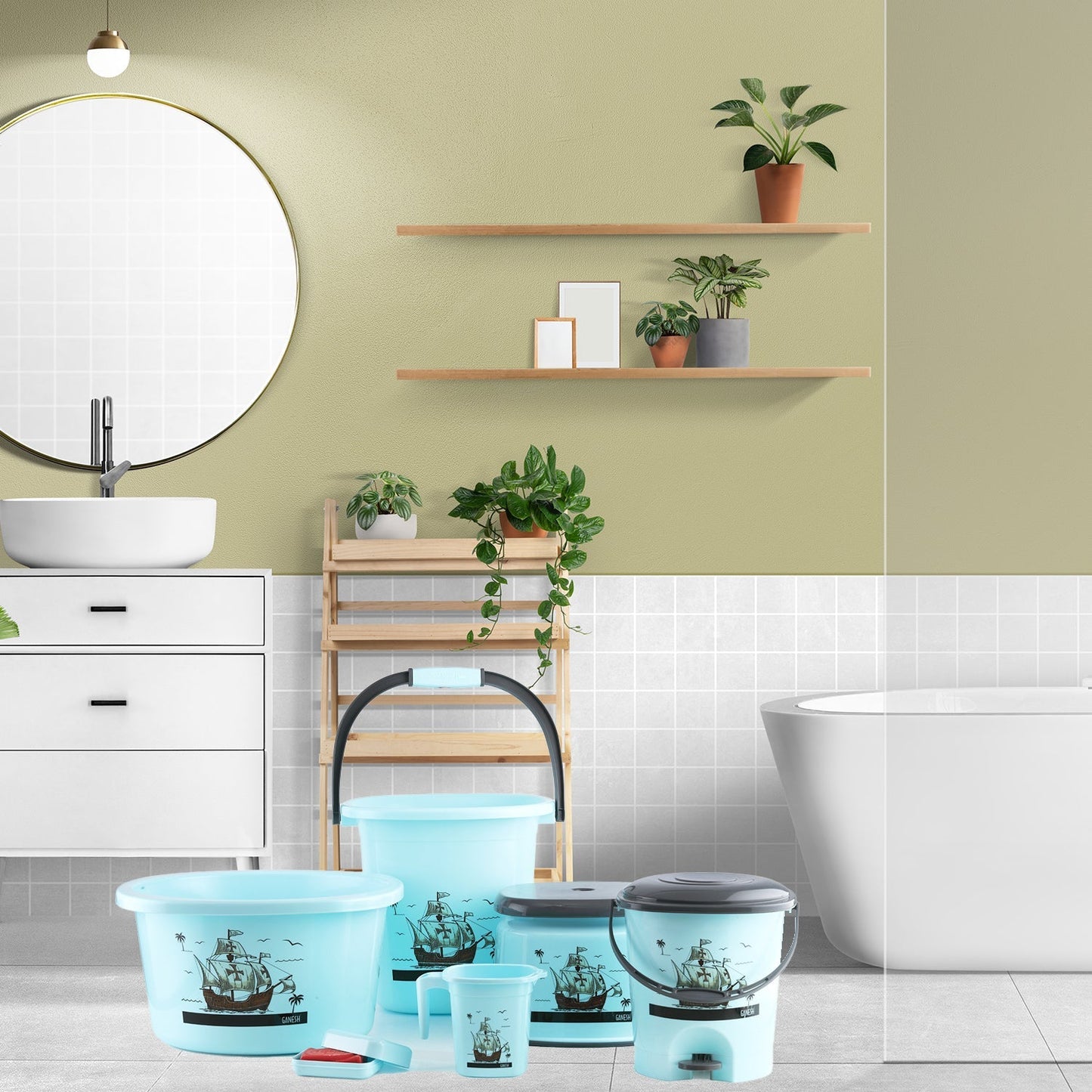 Plastic Bathroom Accessories Set 6 pcs Bath Set Bathroom Bucket with Dustbin Mug, Stool, Soap Case,Tub (MOQ :- 4 Pc / Mix Color ) - Springkart 