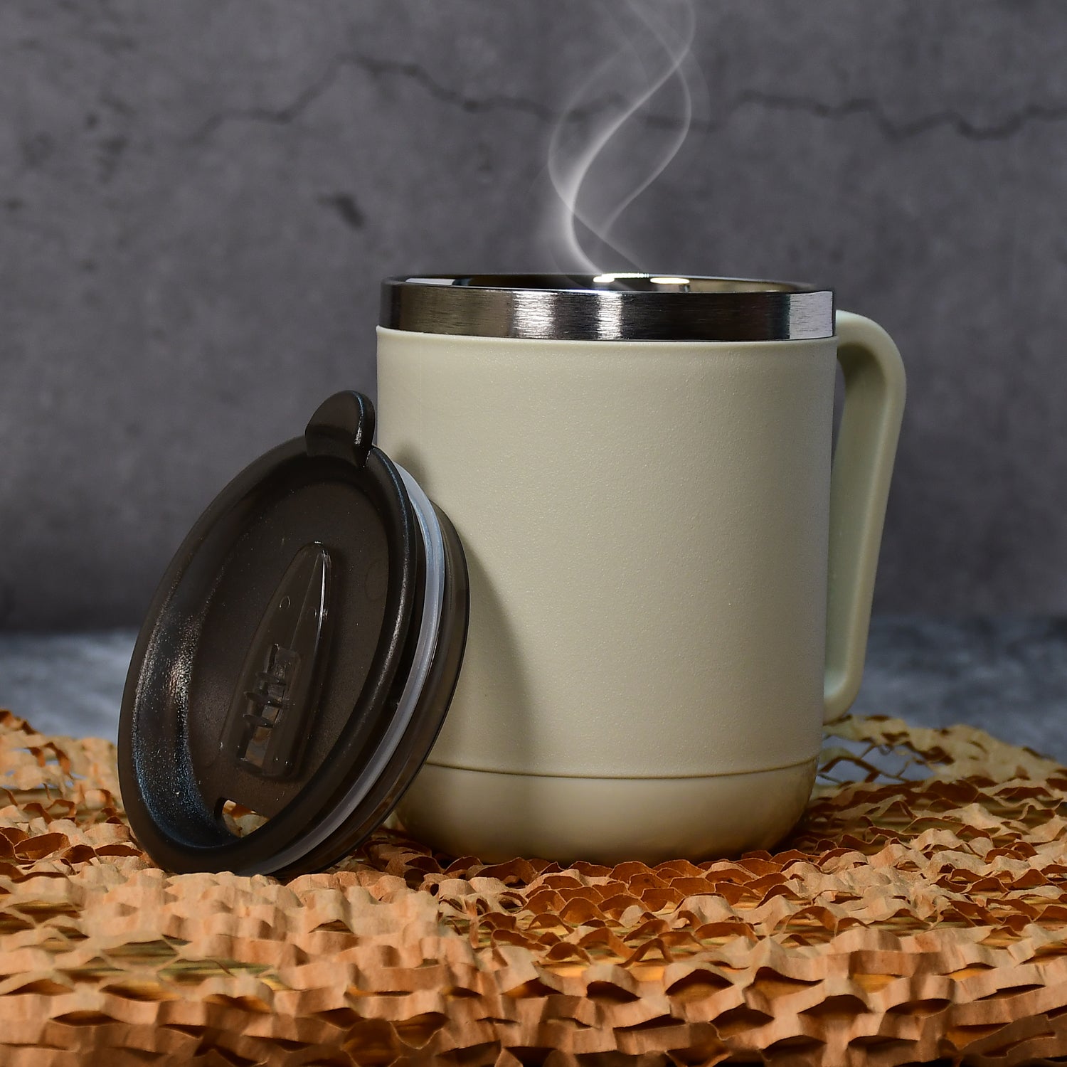 Ganesh Premium Stainless Steel Coffee Mug with heat resistant mug lid. Approx 400Ml mug. - Springkart 