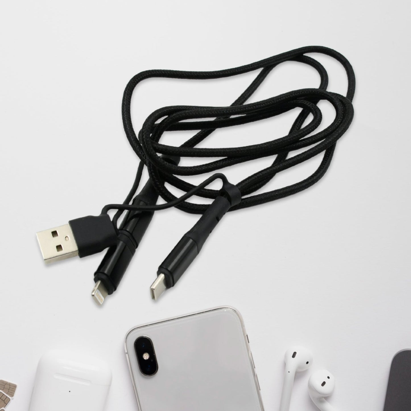 3 IN 1 Fast Charging Cable with Type C & iPhone Support, Compatible with all devices, Data Transmission, Unbreakable Braided, Tangle Free - Springkart 