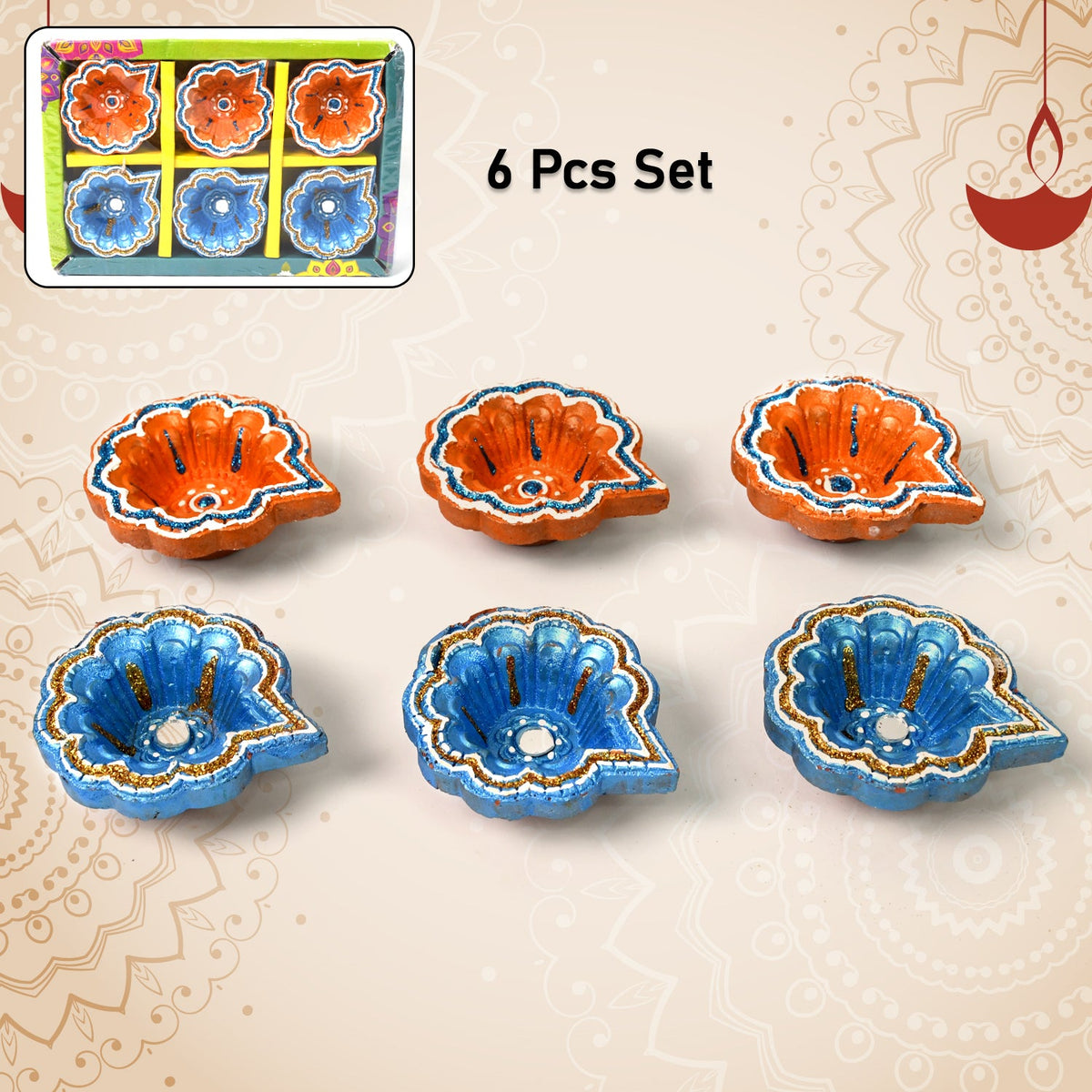 Decorative Hand Painted Clay Puja Diya for Diwali Home Indoor Outdoor Handmade Diya (6 Pcs Set/ Mix Design) - Springkart 