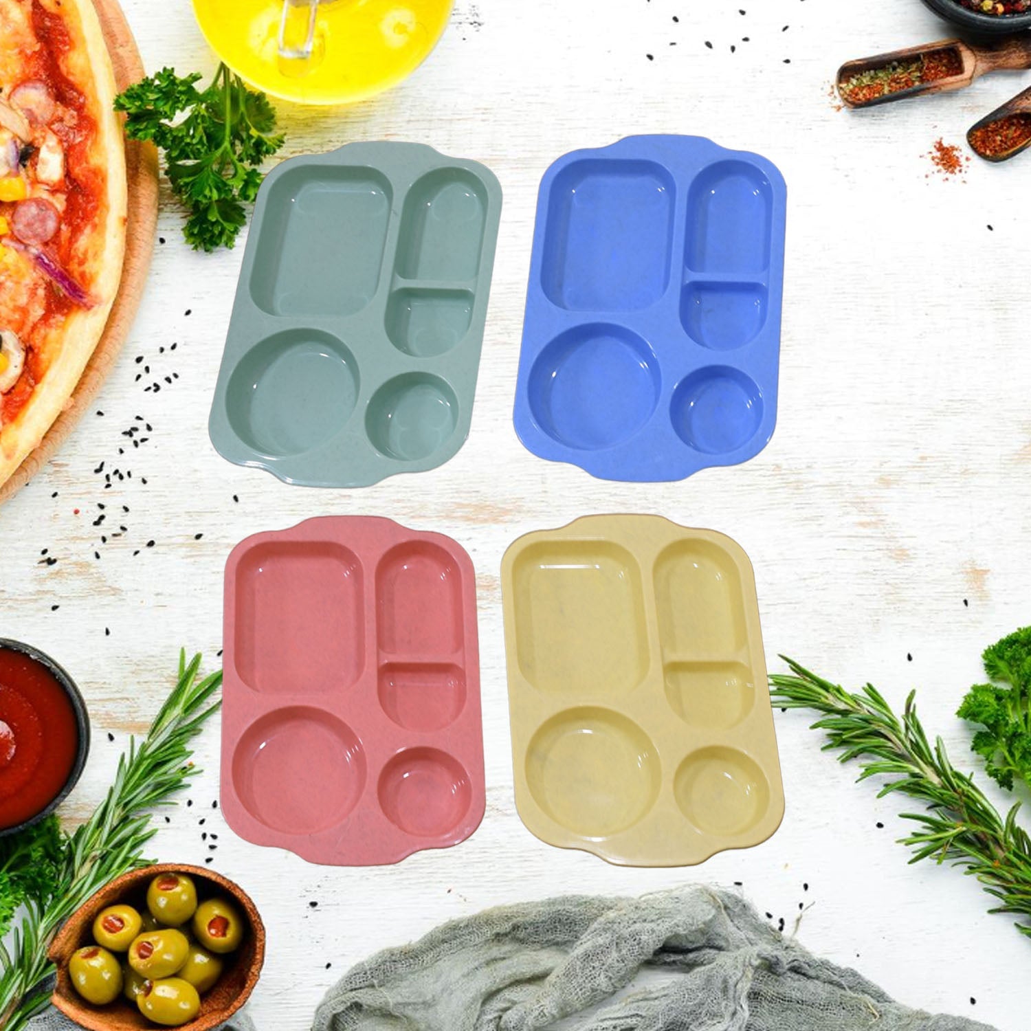 Modern 5-compartment plates, 32 cm, shatterproof and dishwasher safe, ideal for various meals.