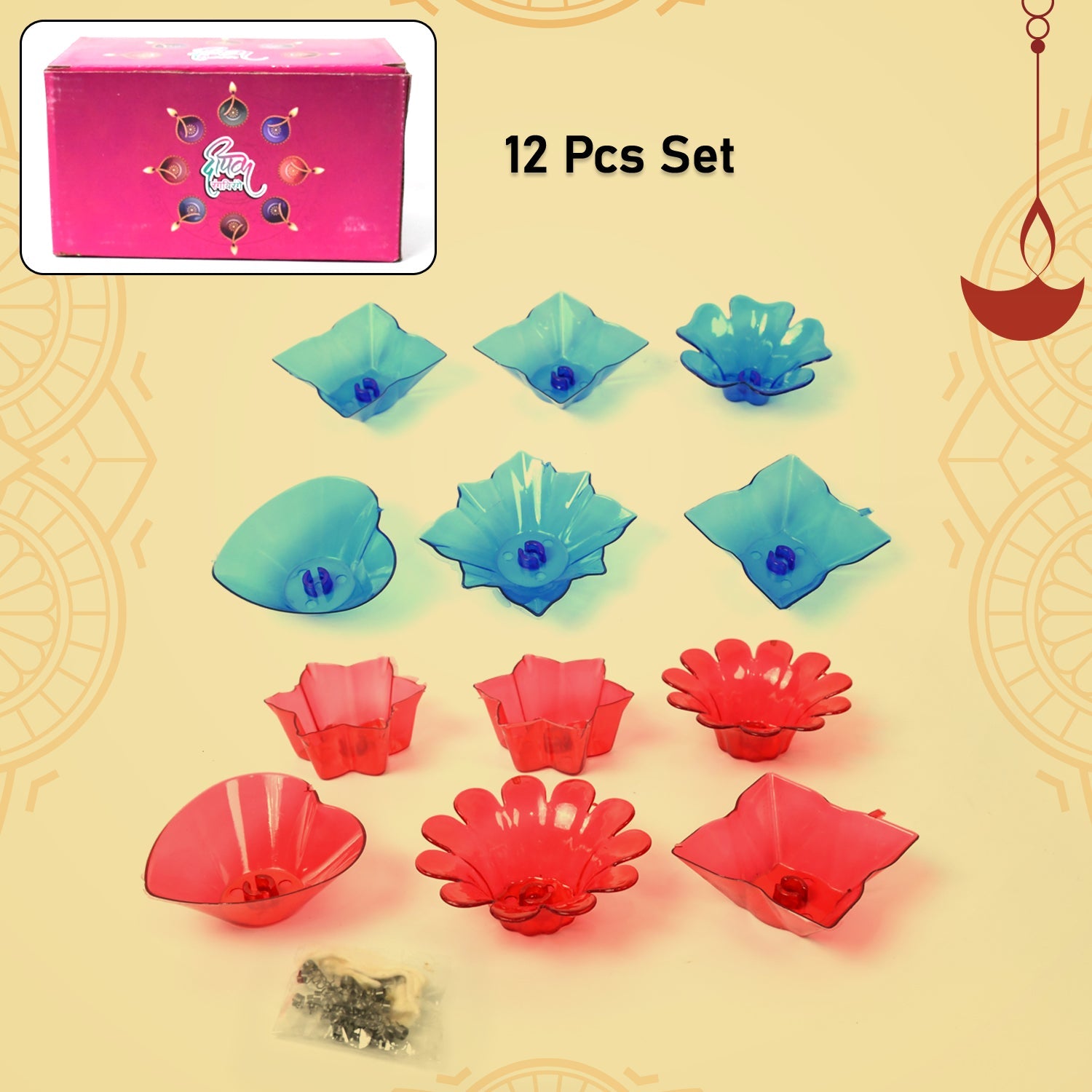Reflection Diya Combo Plastic Candle Cup with Multi Shape (12 Pcs Set) - Springkart 