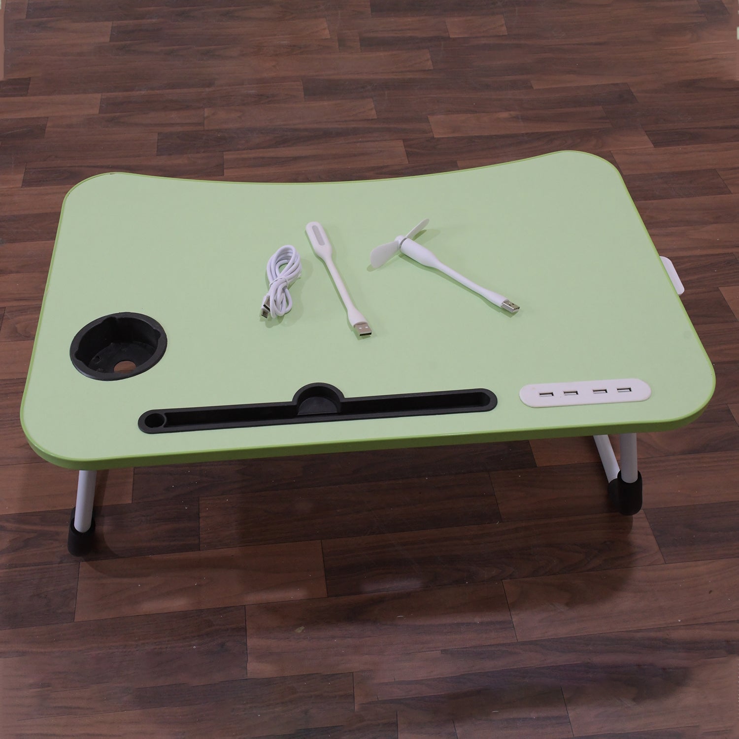 MultiPurpose Study Table Foldable Portable Notebook Bed Lap Desk Tray Stand Reading Holder with Coffee Cup Slot, Drawer, Fan, USB Cable & Light for Breakfast, Reading & Movie Watching (1 Pc Mix Color) - Springkart 