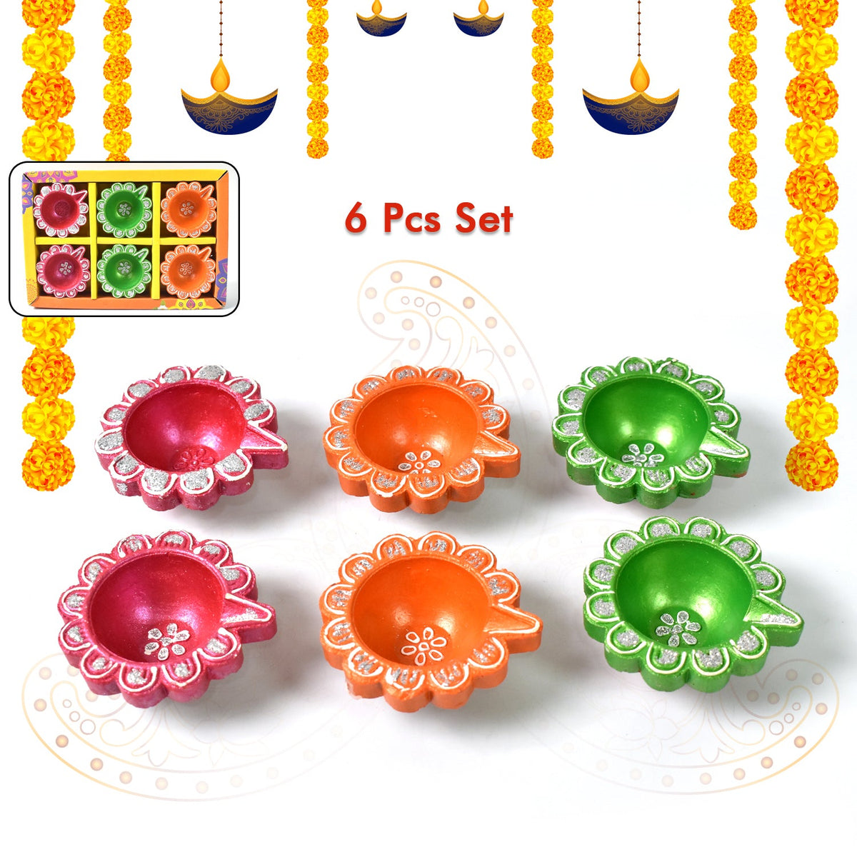 Decorative Hand Painted Clay Puja Diya for Diwali Handmade Diya (6 Pcs Set) - Springkart 